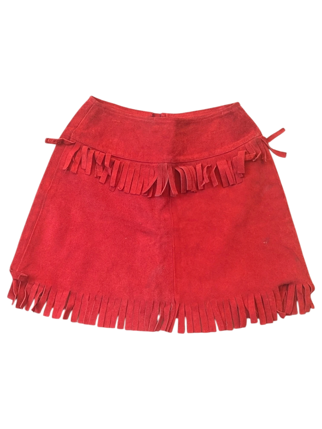 JAKE & IPI red suede leather mini skirt featuring tiered fringe detailing and a western-inspired design.
