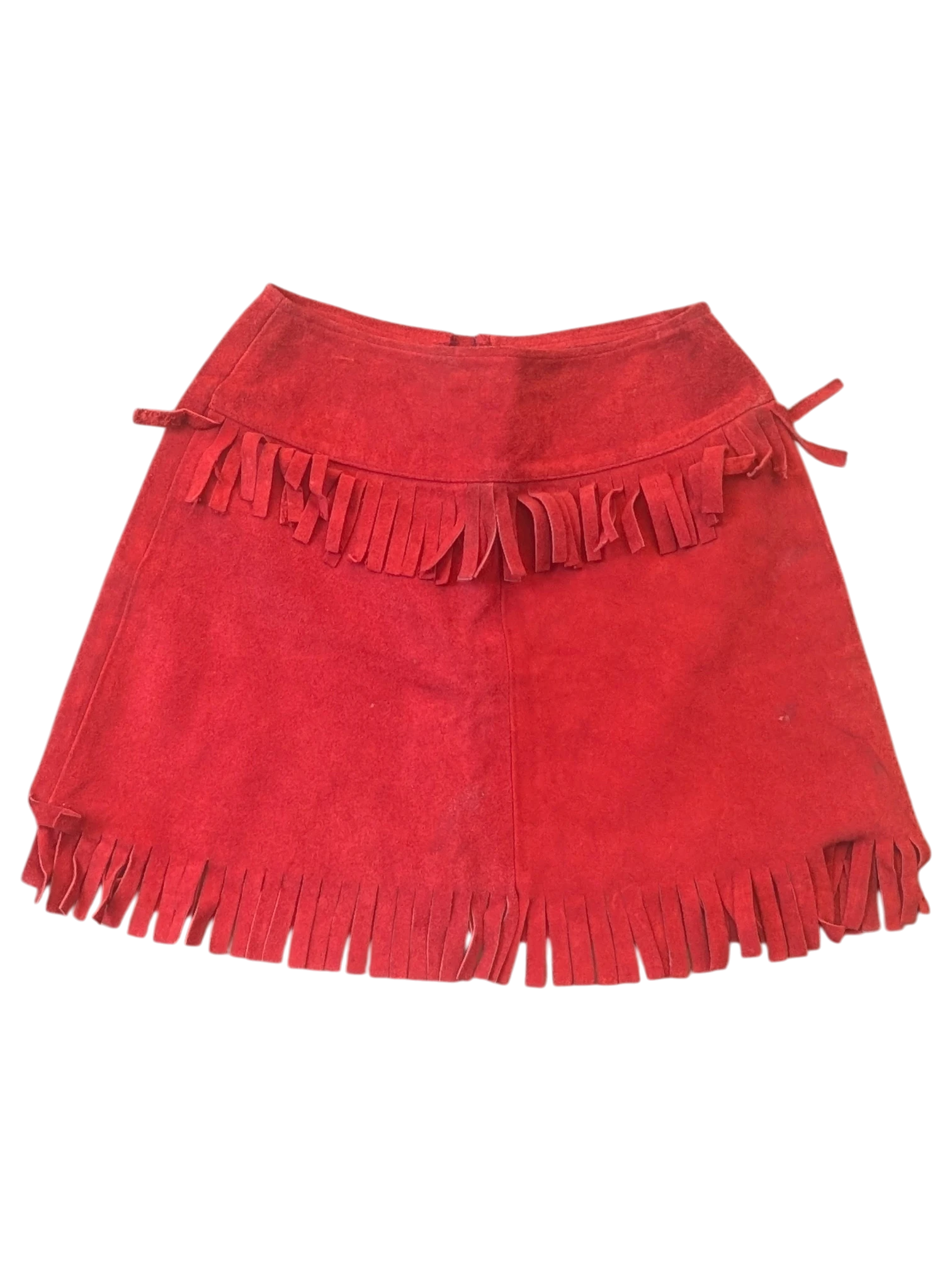 JAKE & IPI red suede leather mini skirt featuring tiered fringe detailing and a western-inspired design.