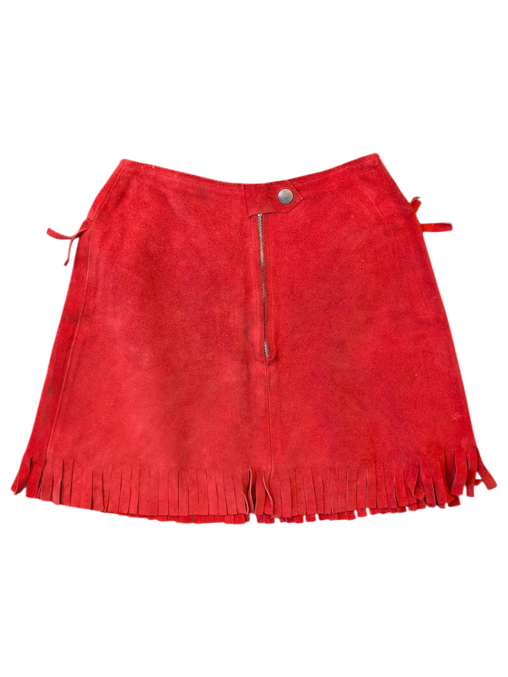 JAKE & IPI red suede leather mini skirt with fringe hem and front zipper closure.