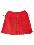 JAKE & IPI red suede leather mini skirt with fringe hem and front zipper closure.