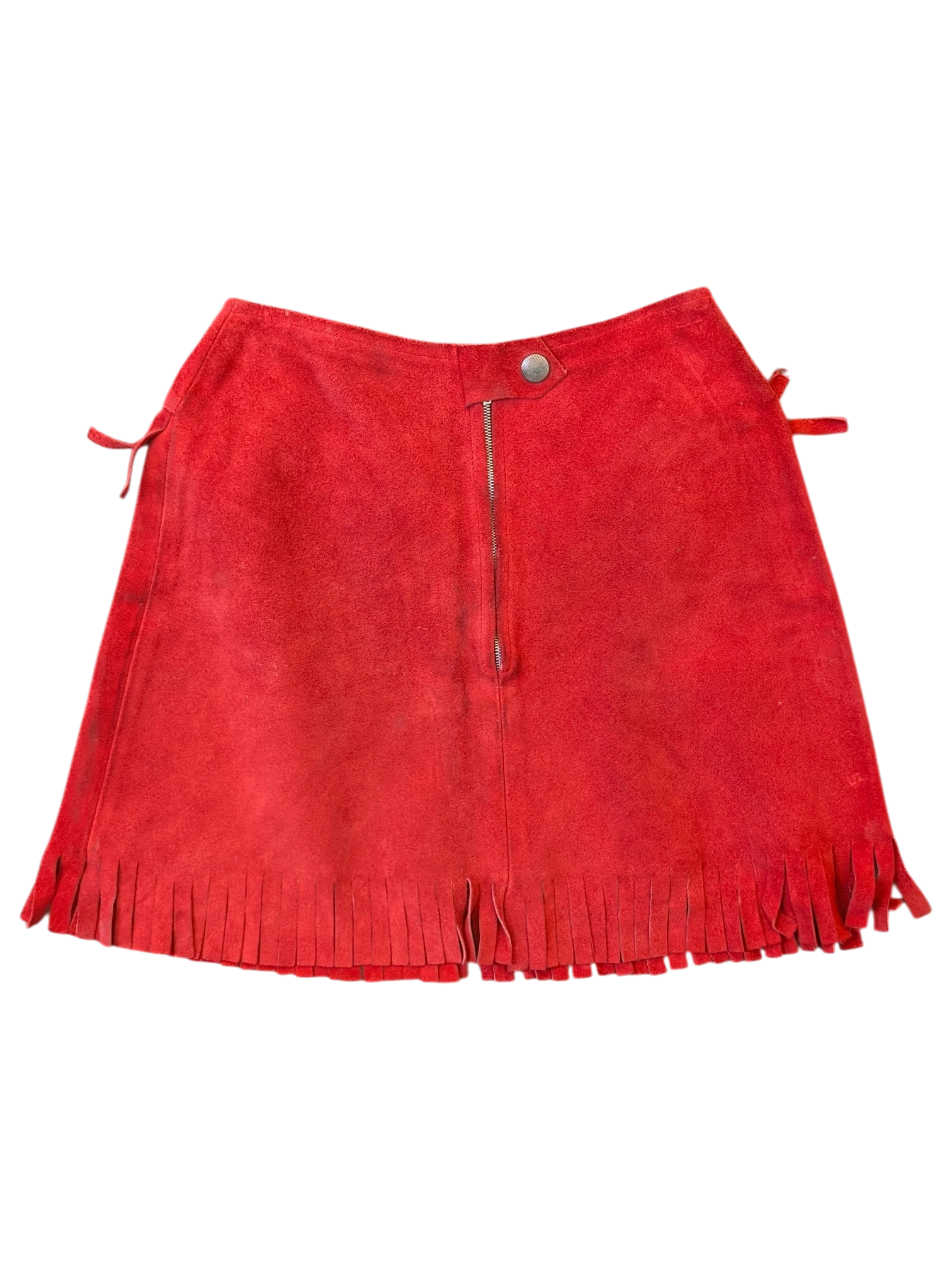 JAKE & IPI red suede leather mini skirt with fringe hem and front zipper closure.