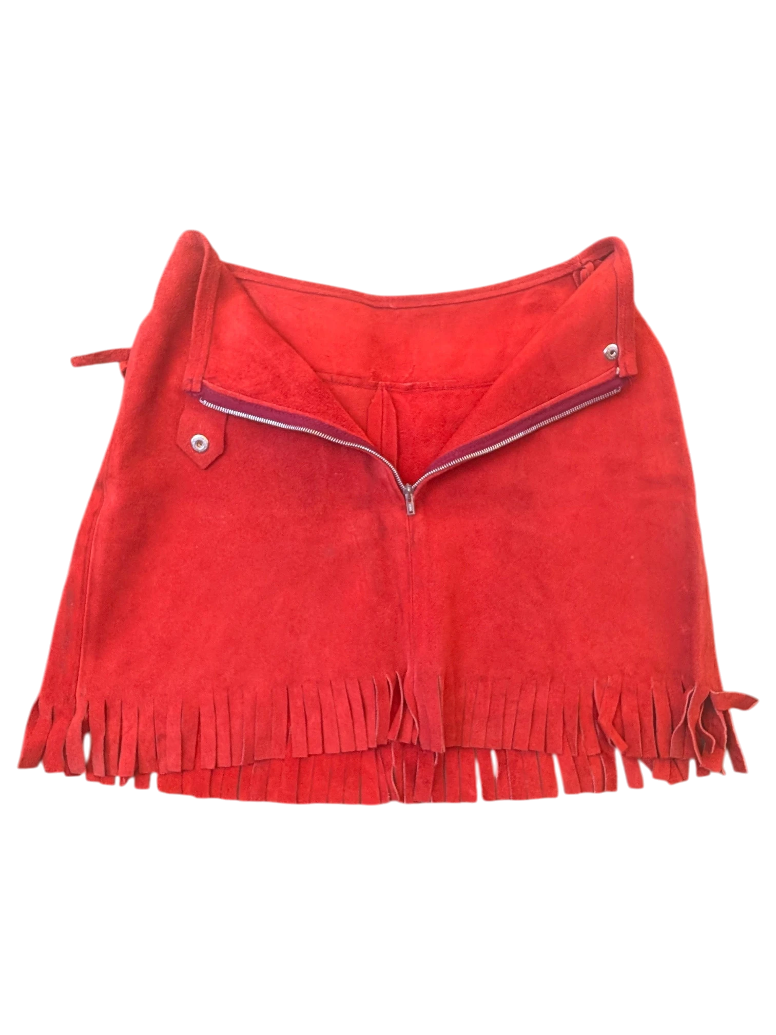 JAKE & IPI red suede leather mini skirt with fringe hem and front zipper closure.