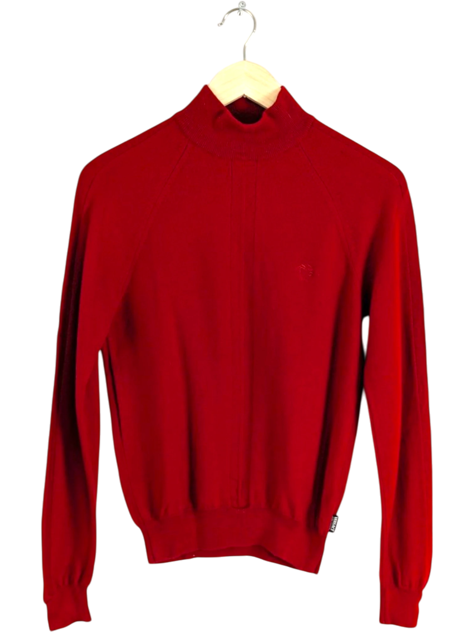 JAKE & IPI red wool turtleneck sweater with tonal Medusa logo embroidery on chest. Size S.