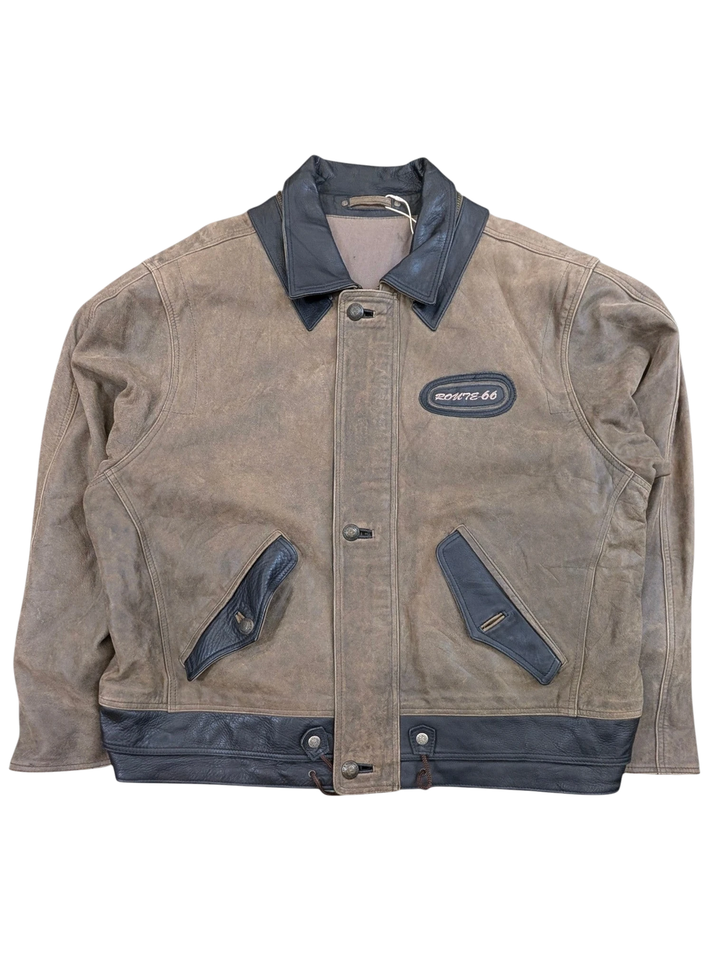 JAKE & IPI brown distressed leather jacket with black collar and trim, featuring a Route 66 patch.