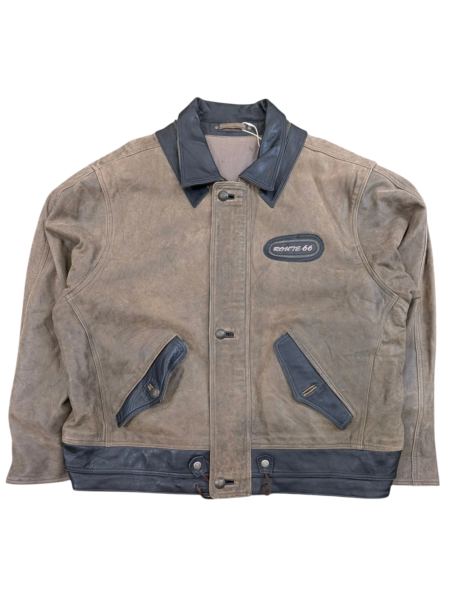 JAKE & IPI brown distressed leather jacket with black collar and trim, featuring a Route 66 patch.