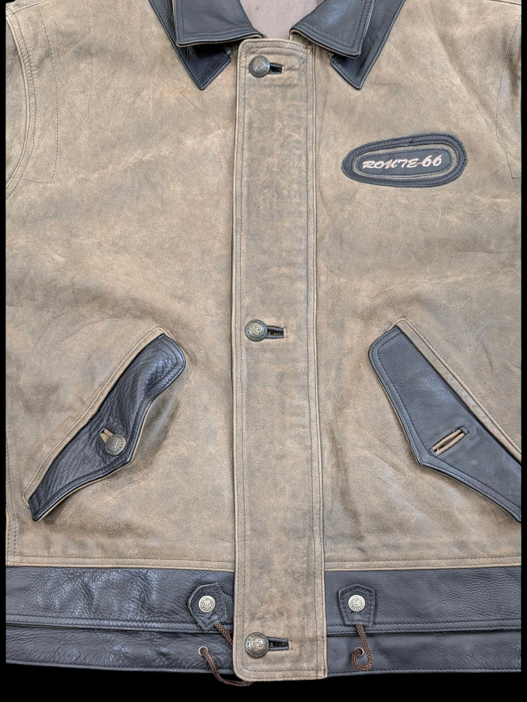 JAKE & IPI brown distressed leather jacket with black accents and Route 66 patch