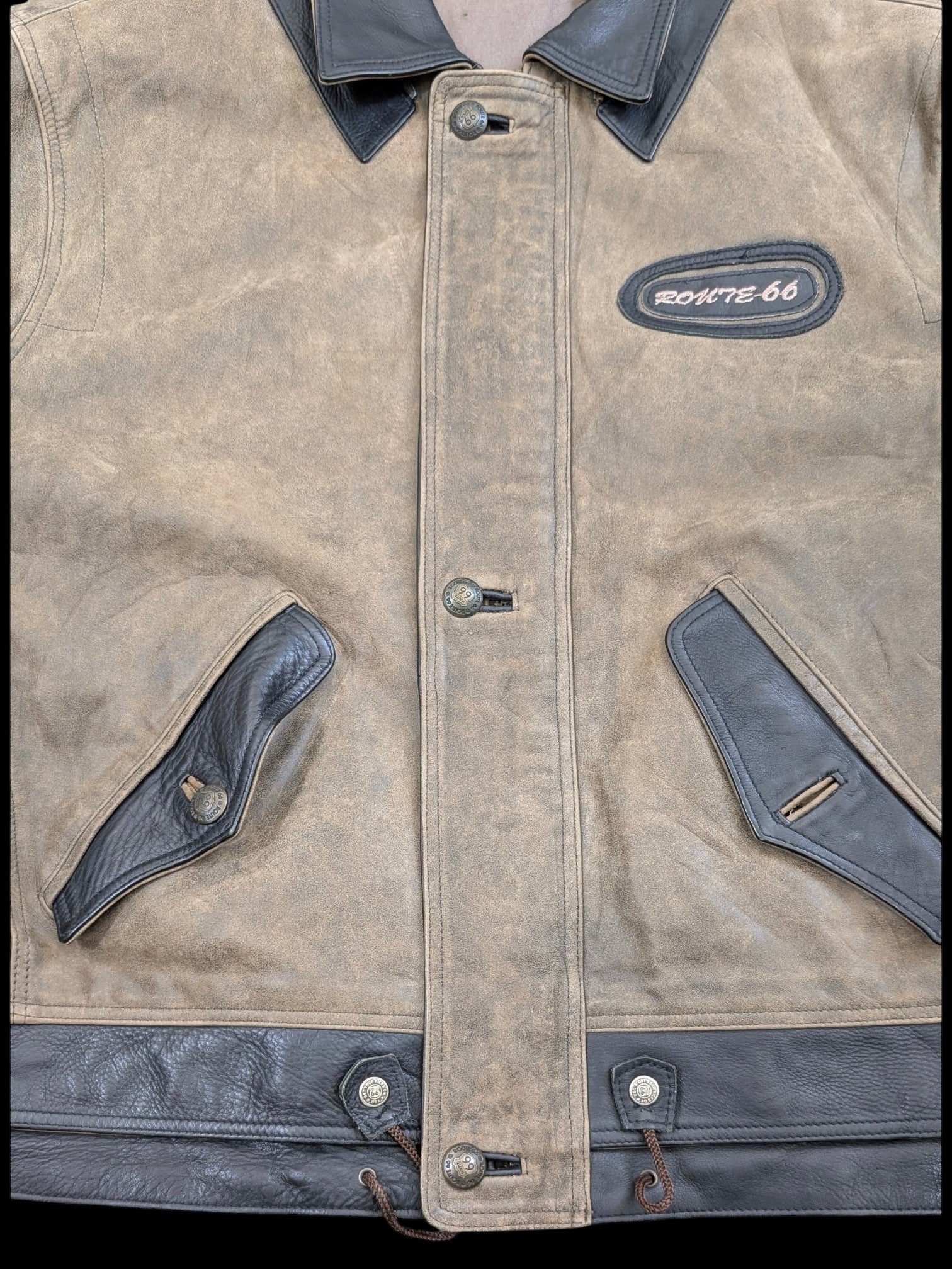 JAKE & IPI brown distressed leather jacket with black accents and Route 66 patch