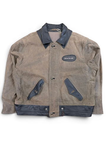 JAKE & IPI brown distressed leather jacket with black collar and trim, featuring a Route 66 patch.