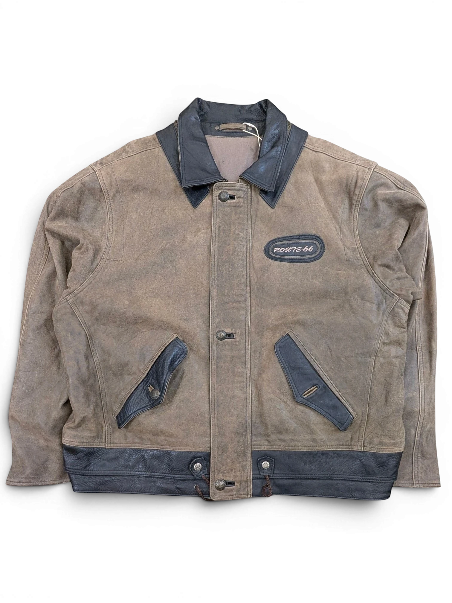 JAKE & IPI brown distressed leather jacket with black collar and trim, featuring a Route 66 patch.