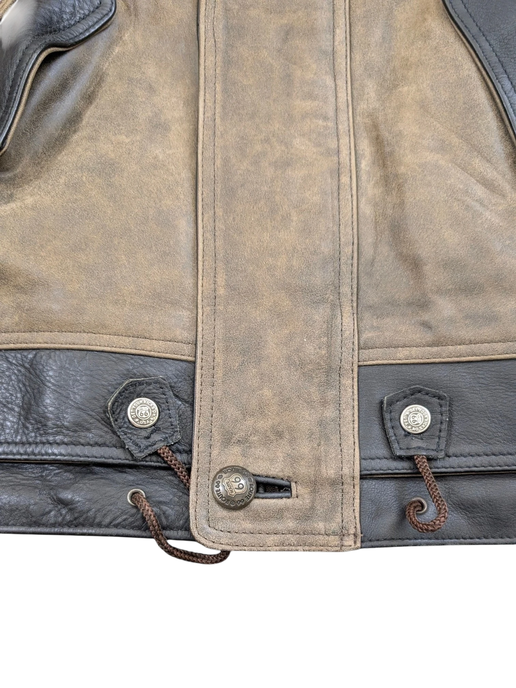 JAKE & IPI Route 66 leather jacket with brown suede and black leather panels, featuring drawstring waist and branded buttons.