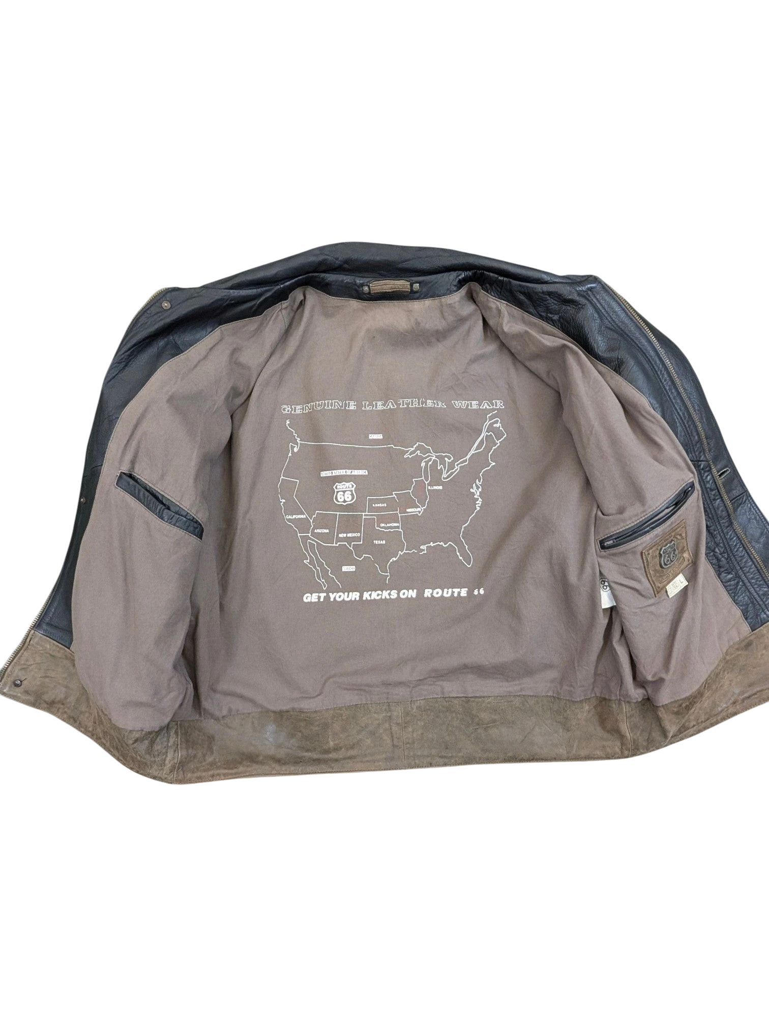 JAKE & IPI black and brown distressed leather jacket with Route 66 map lining. Features "Genuine Leather Wear" text.