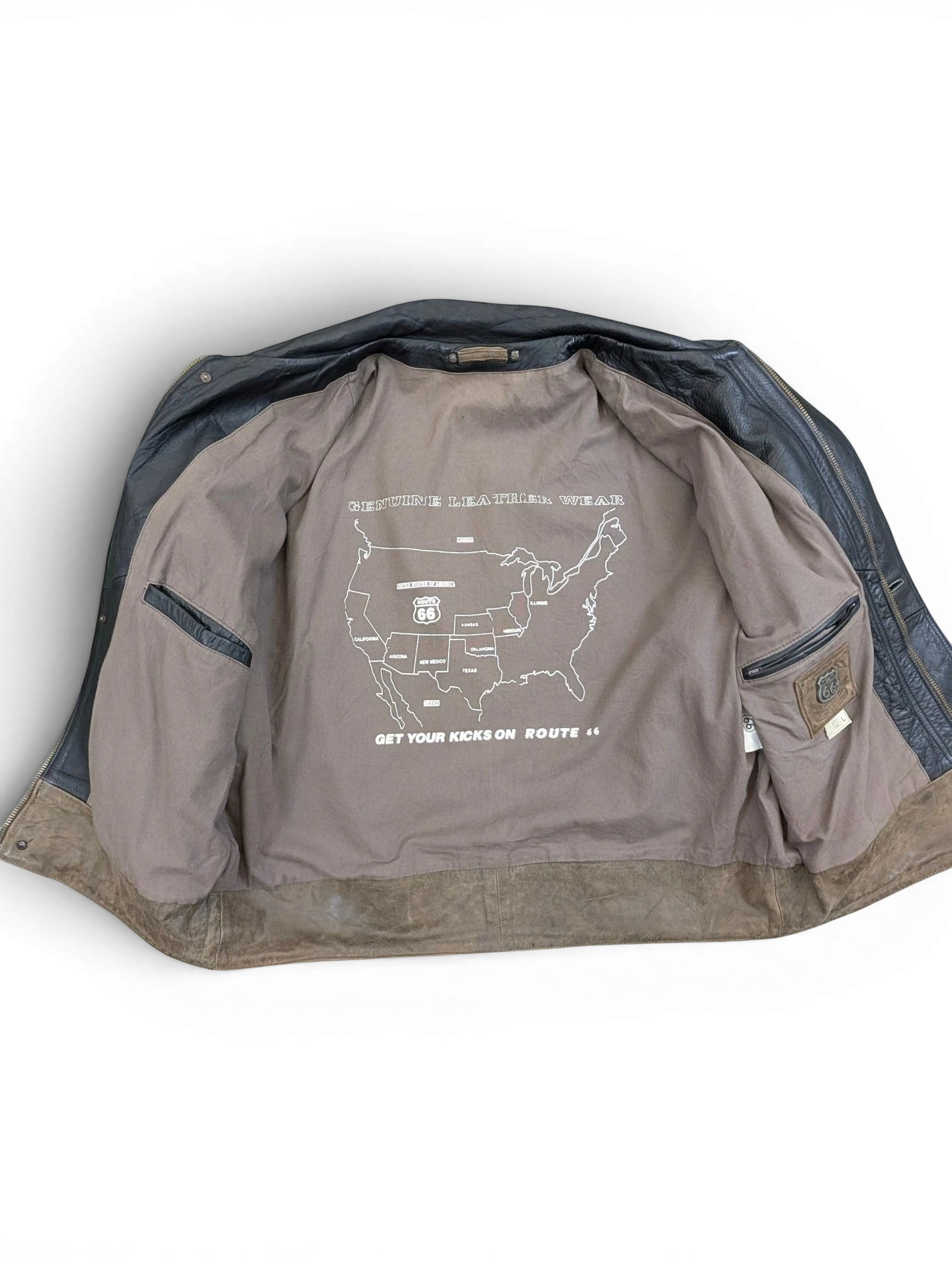 JAKE & IPI black and brown distressed leather jacket with Route 66 map lining. Features "Genuine Leather Wear" text.