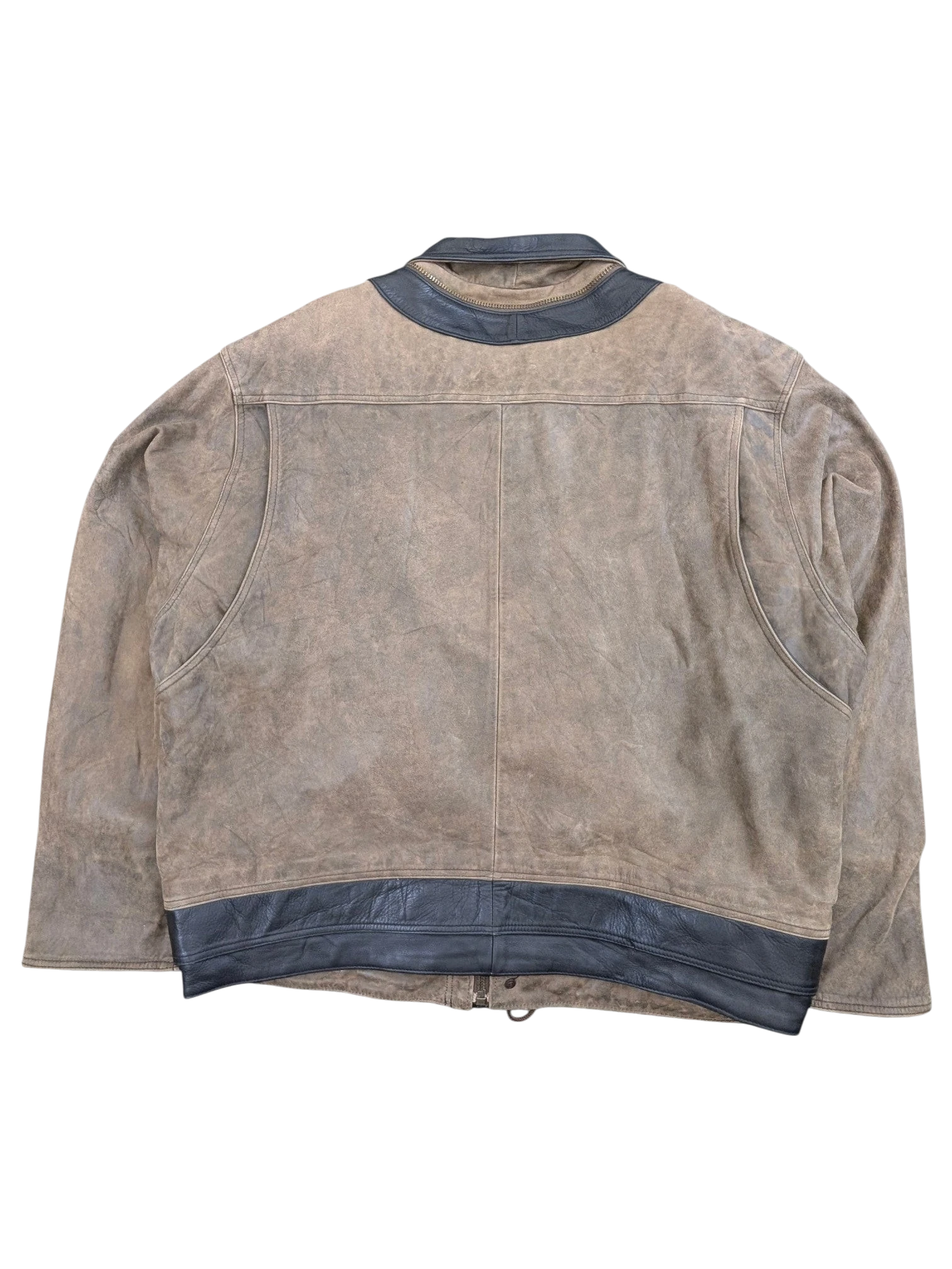 JAKE & IPI brown distressed leather jacket with black accents on collar and hem. Zipper closure.