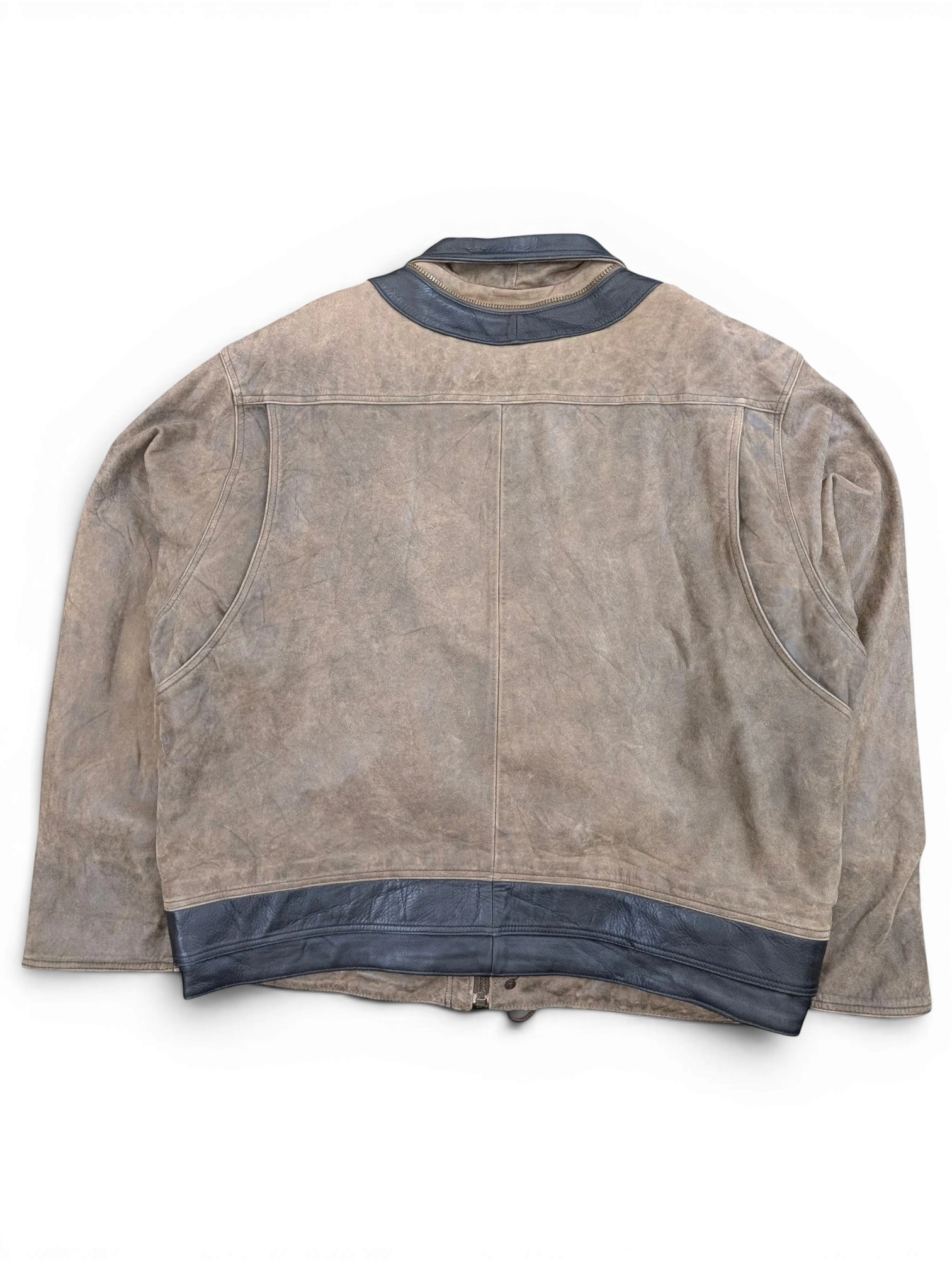 JAKE & IPI brown distressed leather jacket with black accents on collar and hem. Zipper closure.