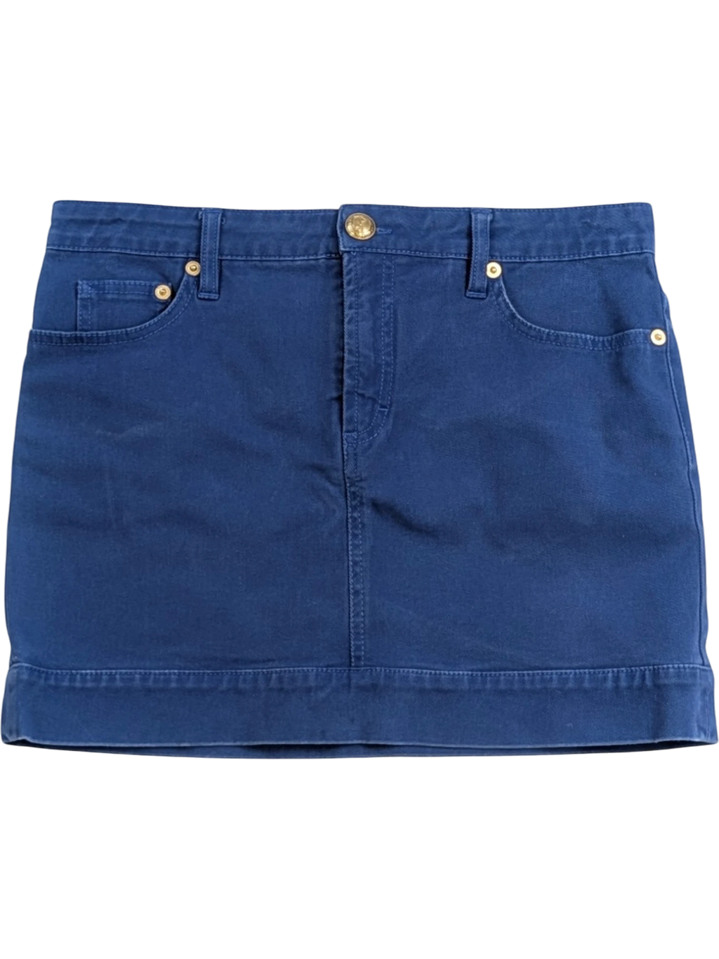 JAKE & IPI deep royal blue stretch cotton mini skirt with gold Medusa hardware and back pocket embroidery. IT 44.