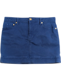 JAKE & IPI deep royal blue stretch cotton mini skirt with gold Medusa hardware and back pocket embroidery. IT 44.