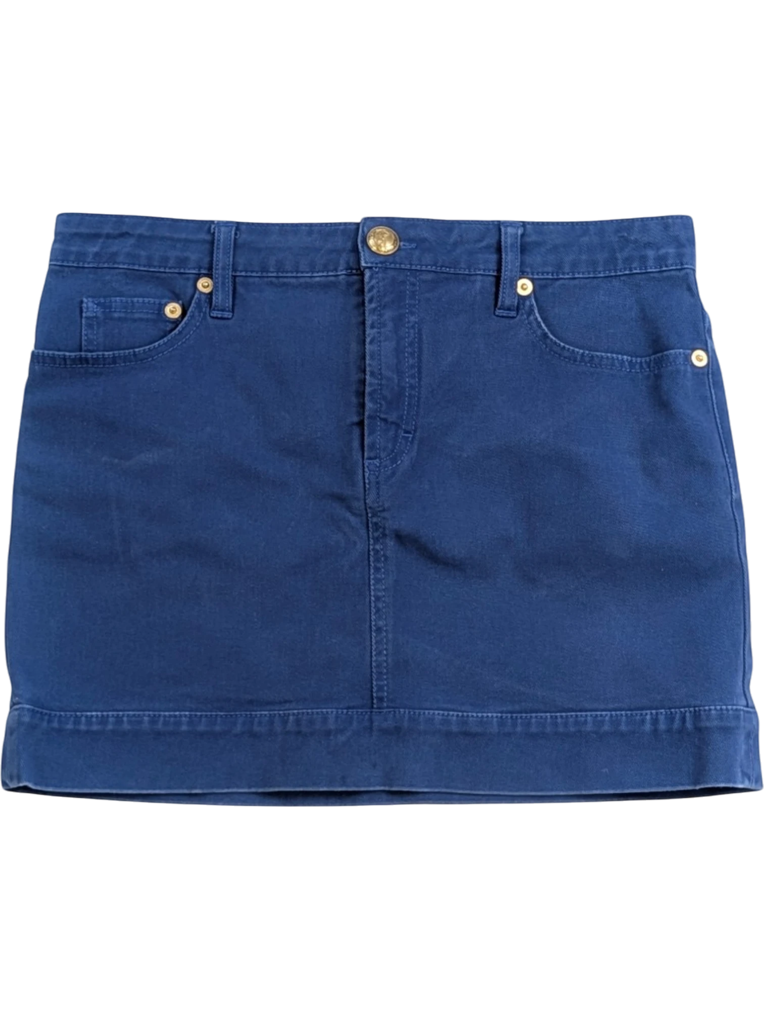 JAKE & IPI deep royal blue stretch cotton mini skirt with gold Medusa hardware and back pocket embroidery. IT 44.