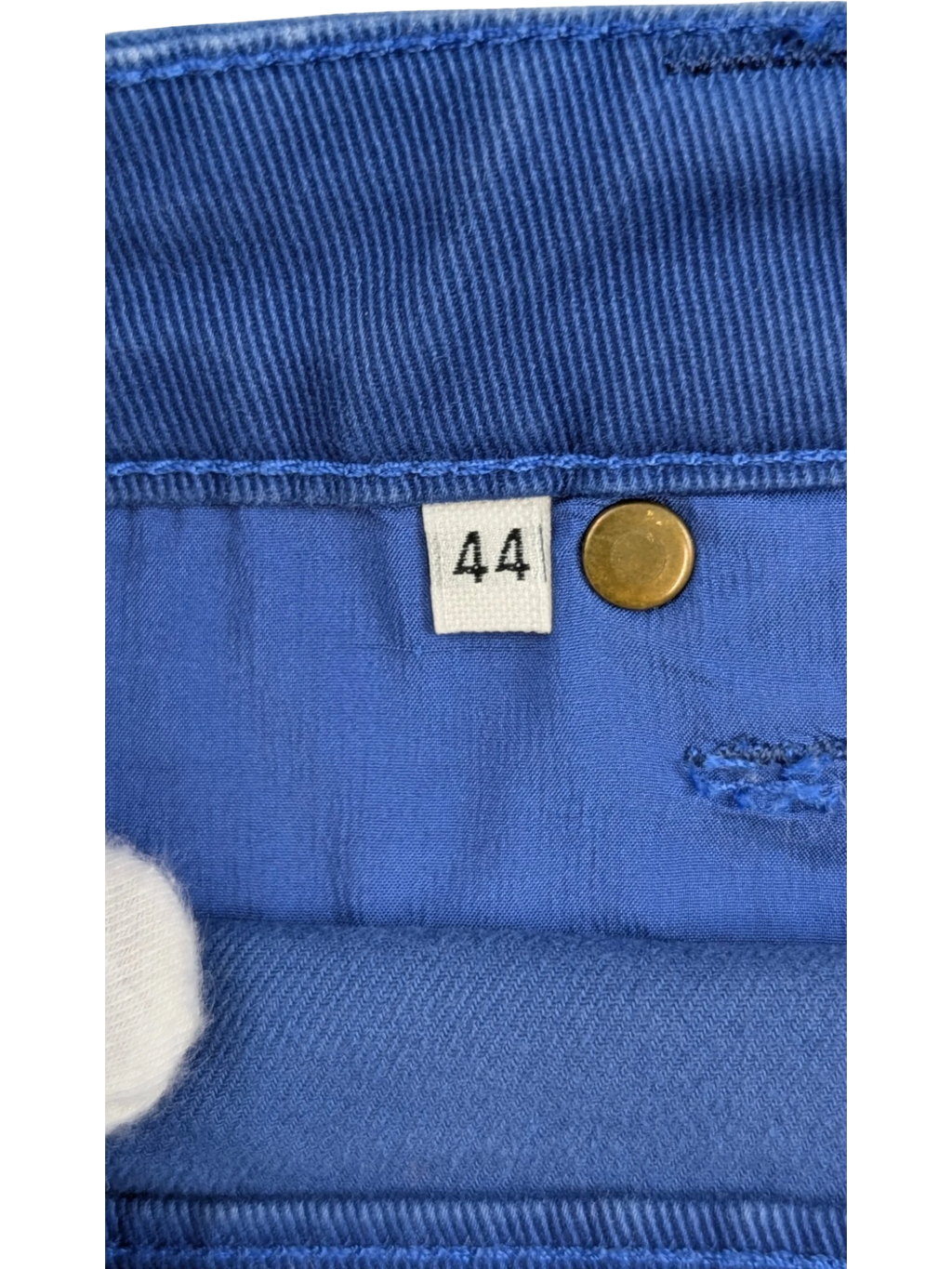 JAKE & IPI vintage royal blue stretch cotton mini skirt with gold Medusa hardware and embroidered back pocket detail.