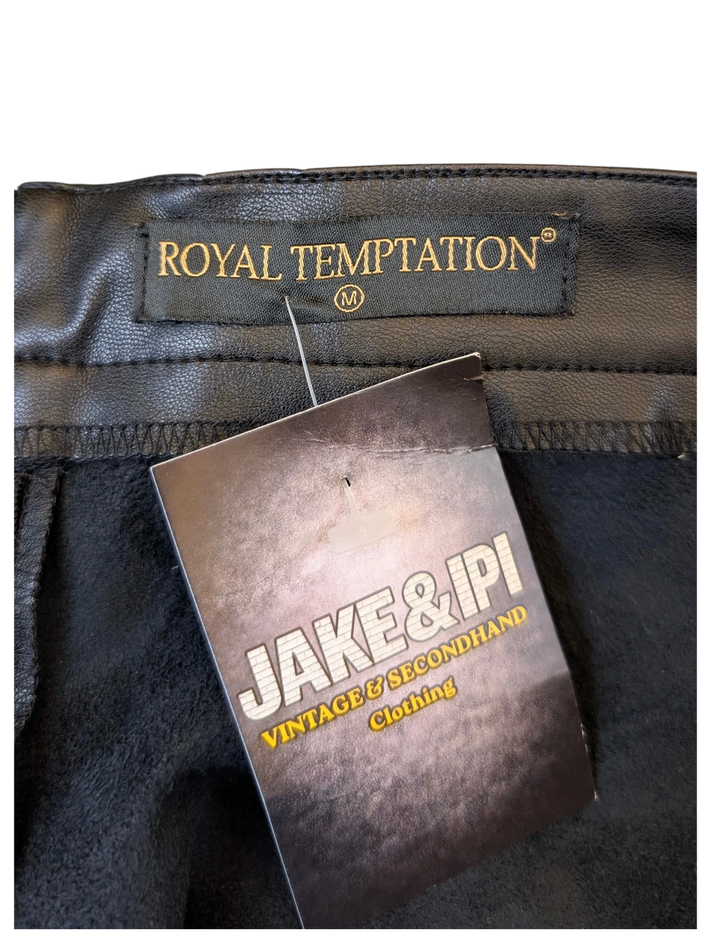 JAKE & IPI black faux leather ROYAL TEMPTATION mini skirt with interior fleece lining and size M label