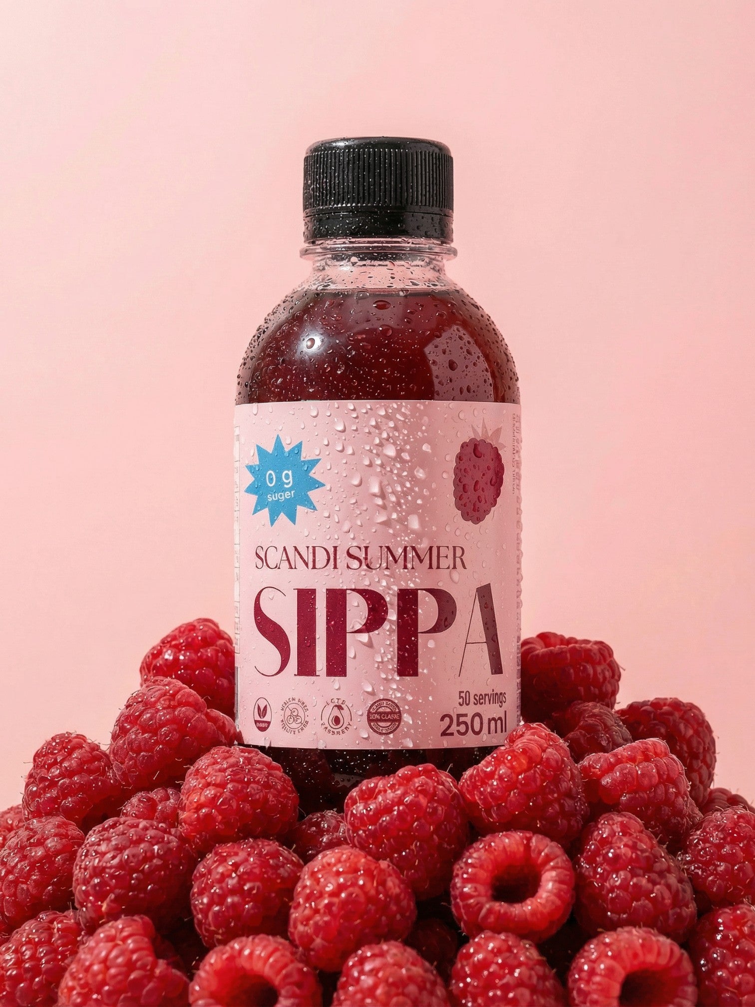 JAKE & IPI SIPPA Scandi Summer zero sugar syrup bottle surrounded by fresh raspberries on a pink background