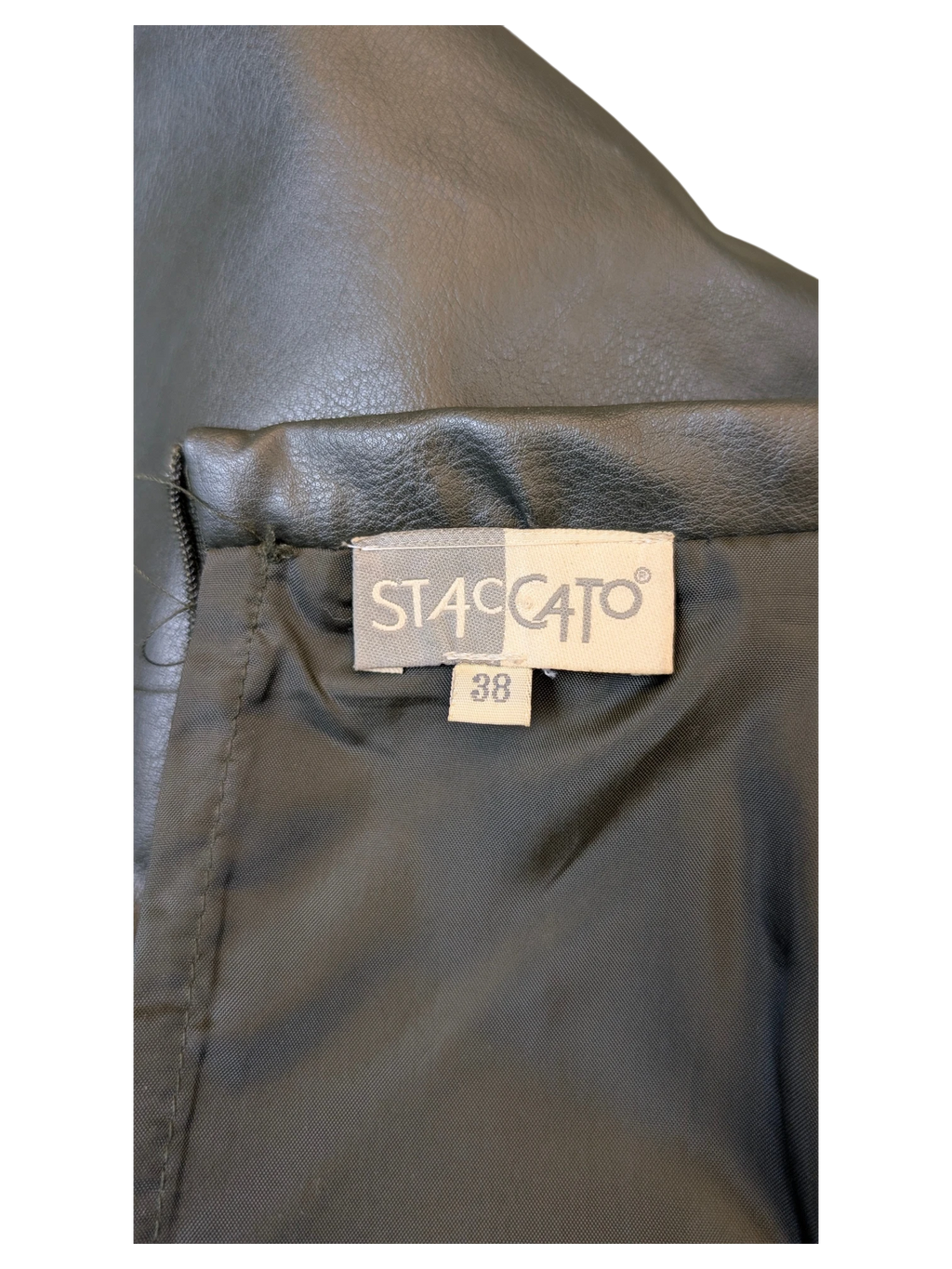 JAKE & IPI Staccato black faux leather midi skirt with interior brand label and size 38 tag.
