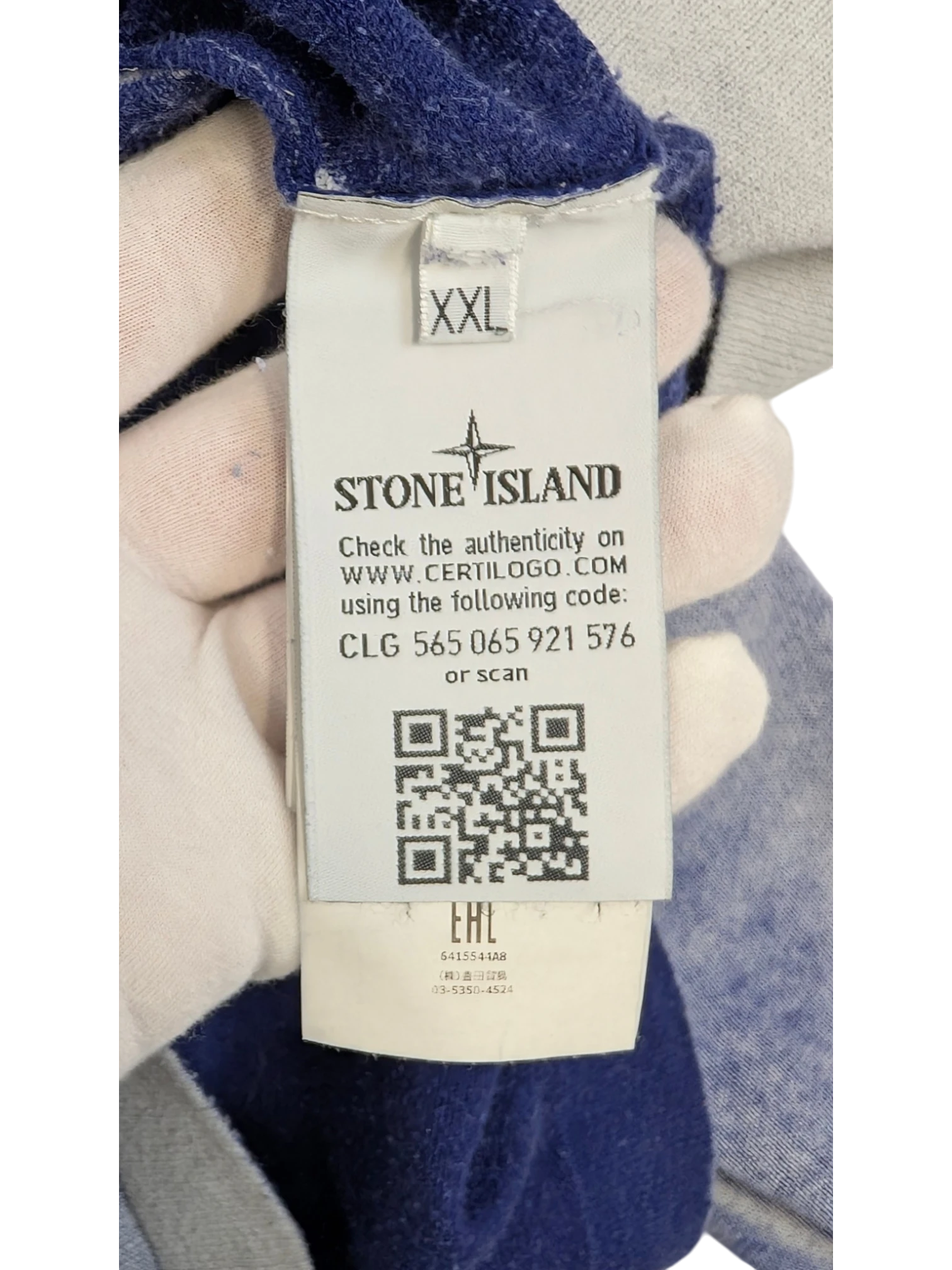 JAKE & IPI Stone Island blue mélange crewneck knit sweater, size XXL, 100% cotton with compass patch and grey ribbed trims.