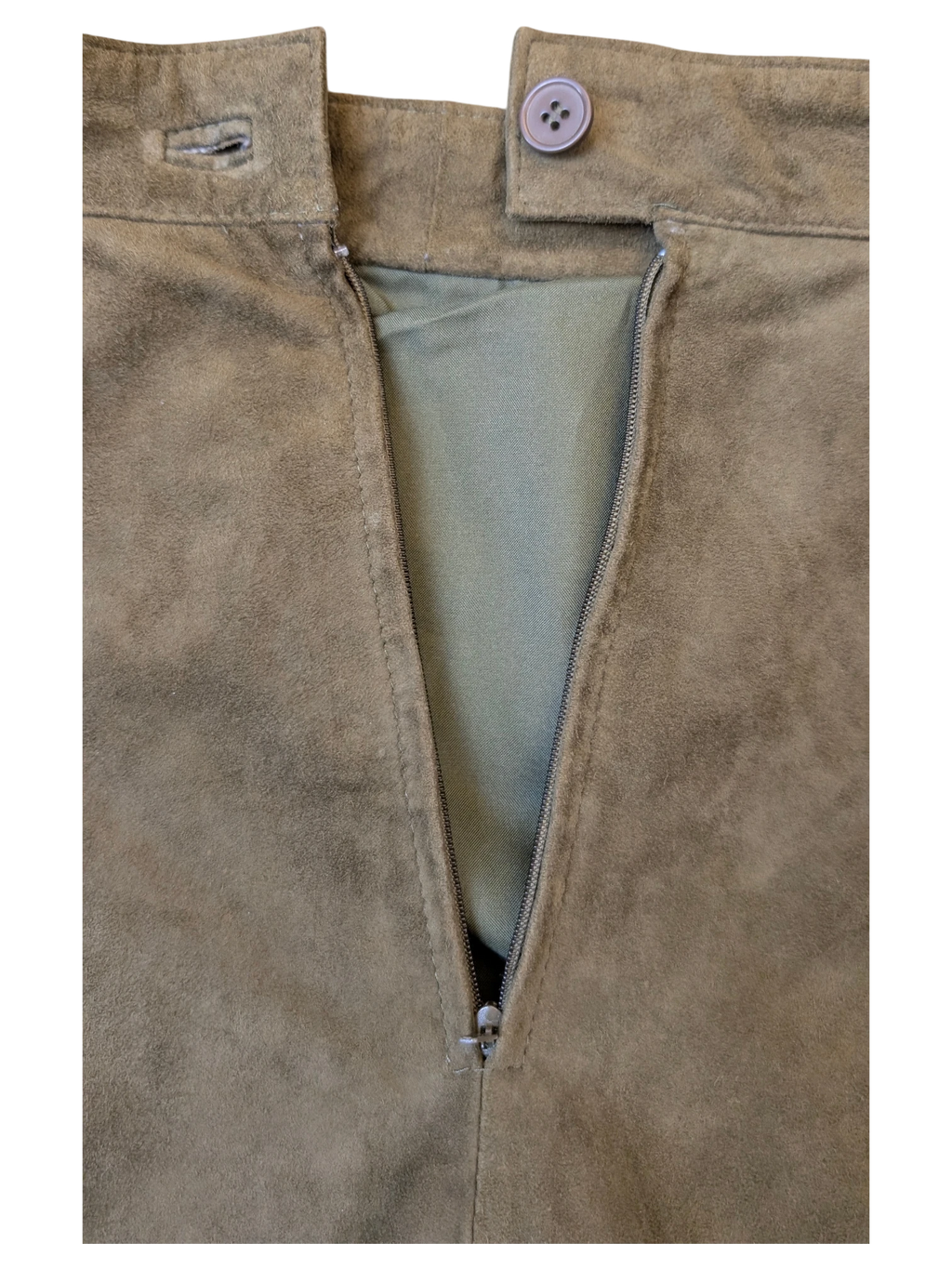 Close-up of JAKE & IPI Apart Fashion suede skirt in olive brown with a button closure and front zipper detail.