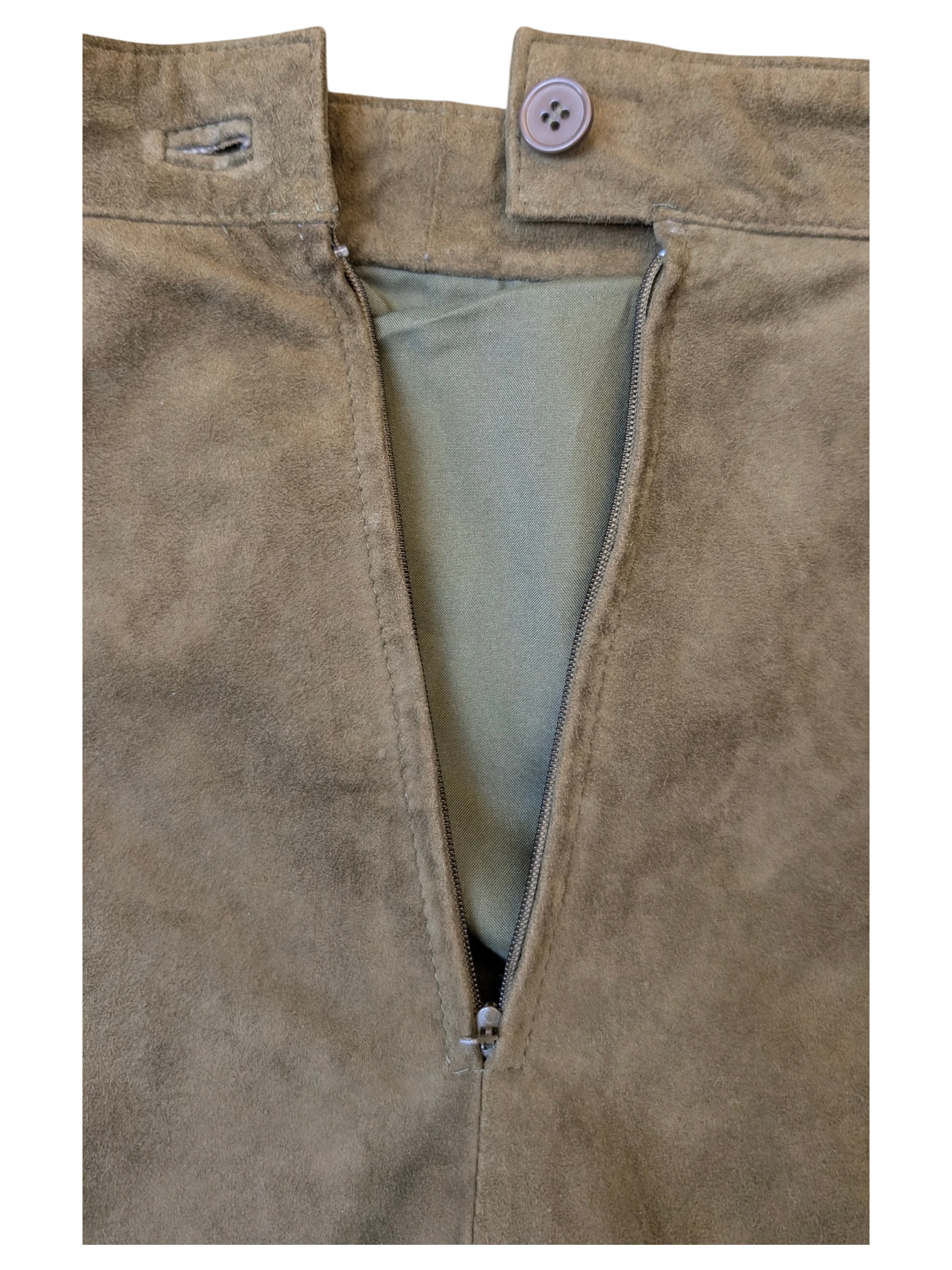 Close-up of JAKE & IPI Apart Fashion suede skirt in olive brown with a button closure and front zipper detail.