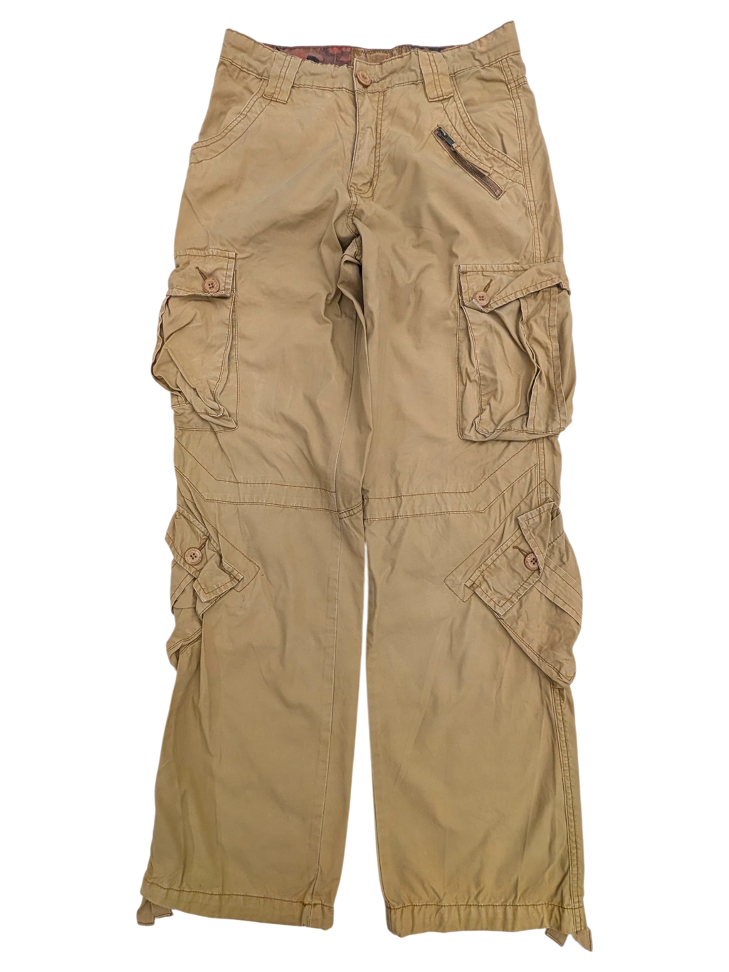 JAKE & IPI tan cotton cargo pants with multiple pockets and zip detail.