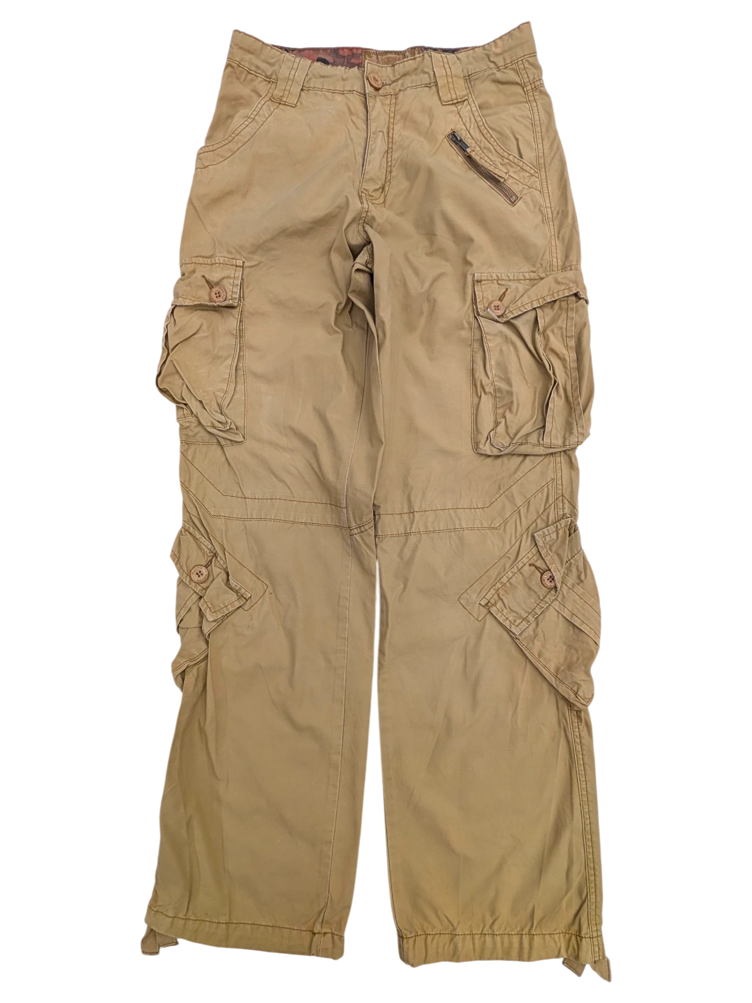 JAKE & IPI tan cotton cargo pants with multiple pockets and zip detail.