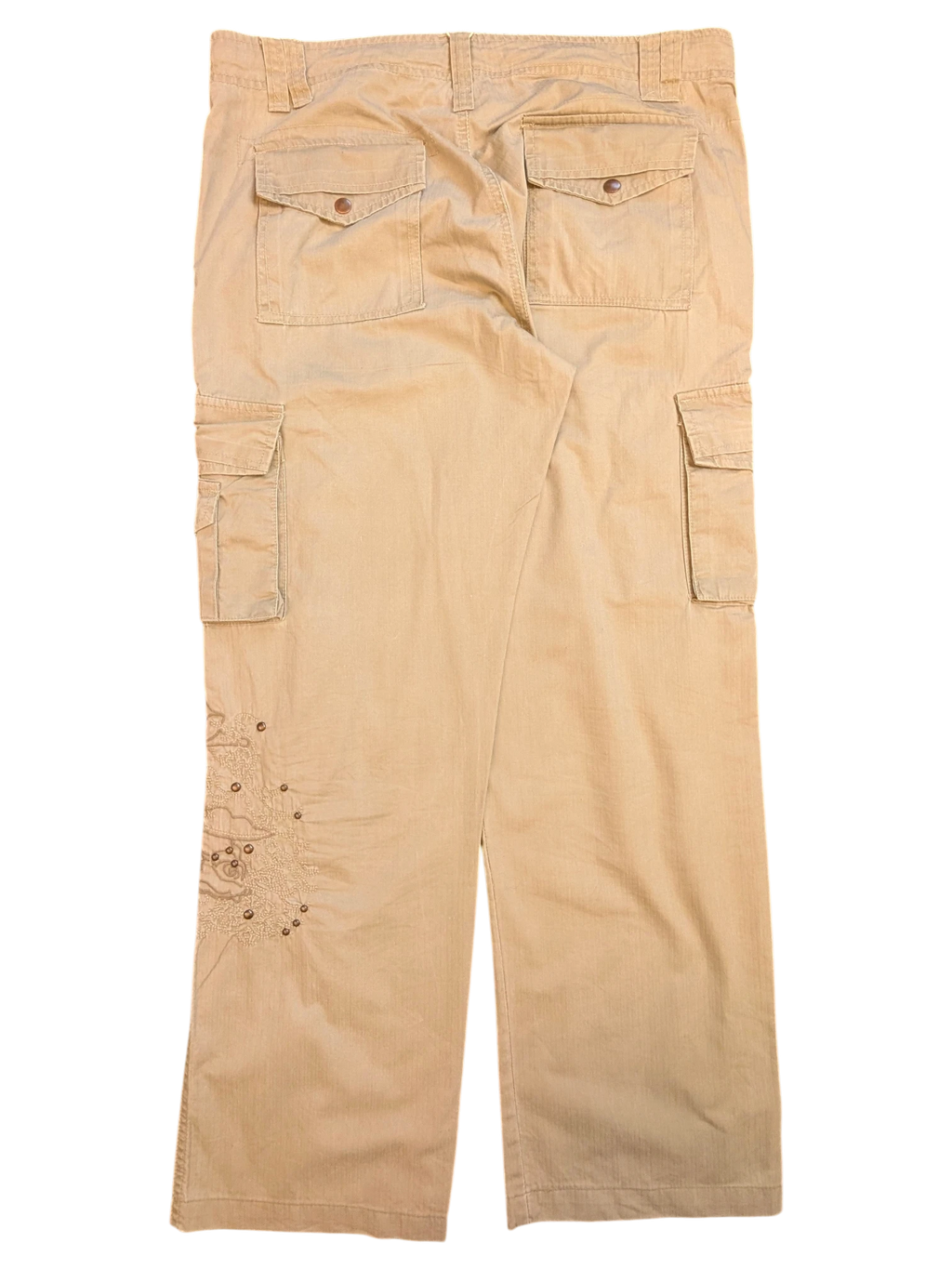 JAKE & IPI tan cargo pants with embroidered detail on the left leg, size EU 42.