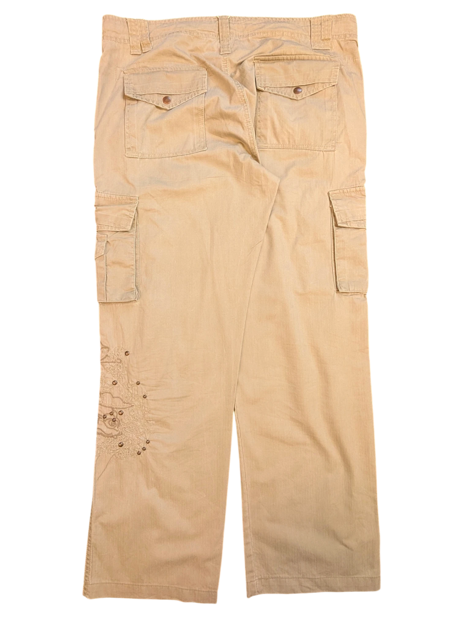 JAKE & IPI tan cargo pants with embroidered detail on the left leg, size EU 42.