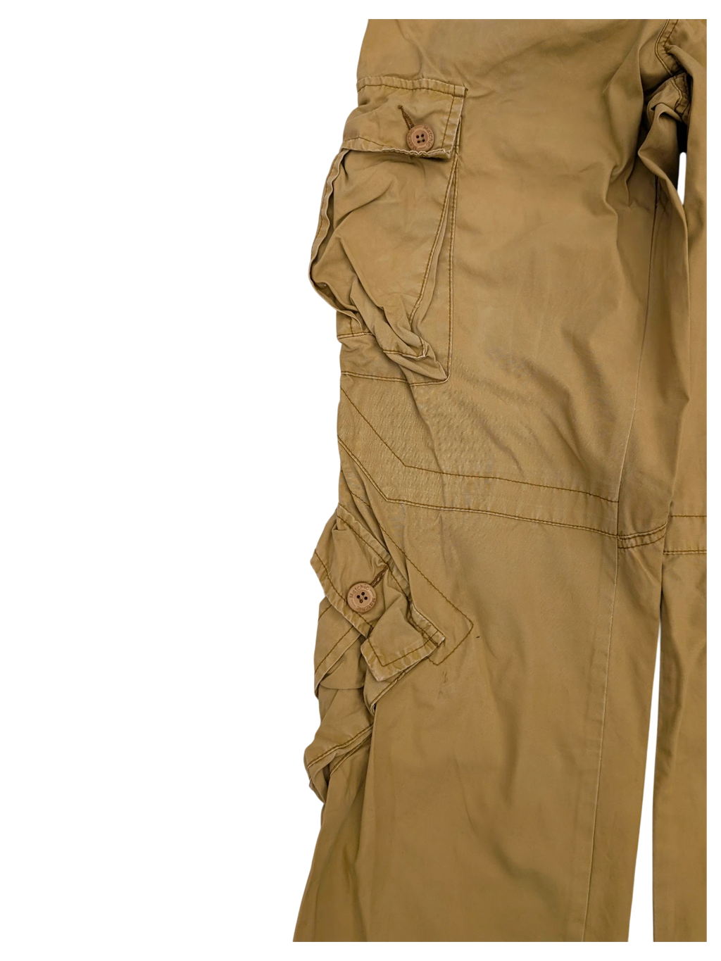 JAKE & IPI tan cotton cargo pants with multiple button-flap pockets and contrast stitching.