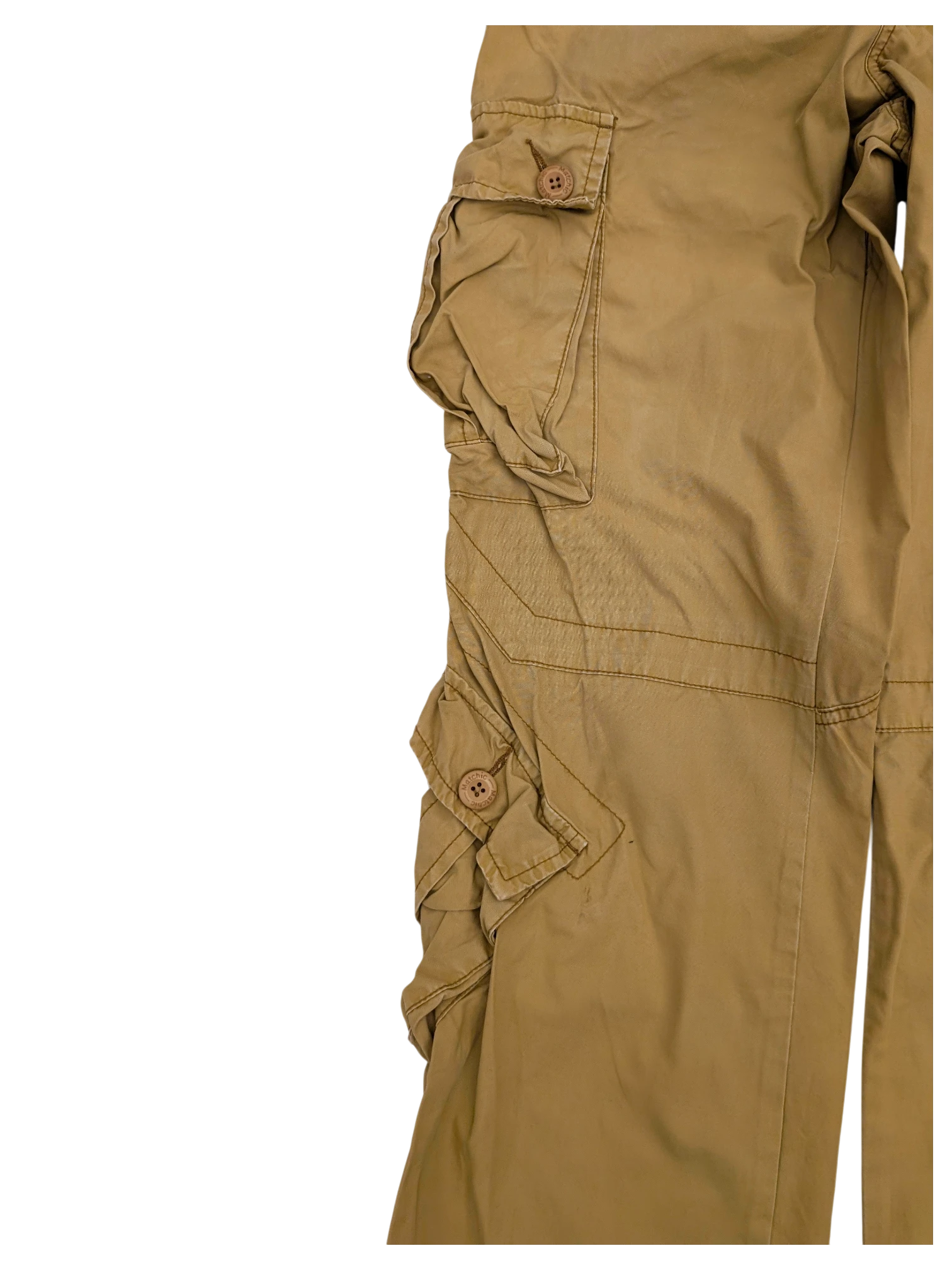 JAKE & IPI tan cotton cargo pants with multiple button-flap pockets and contrast stitching.