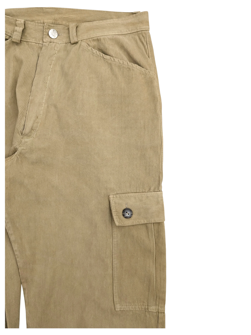 JAKE & IPI tan corduroy cargo pants with button closure and side pocket.