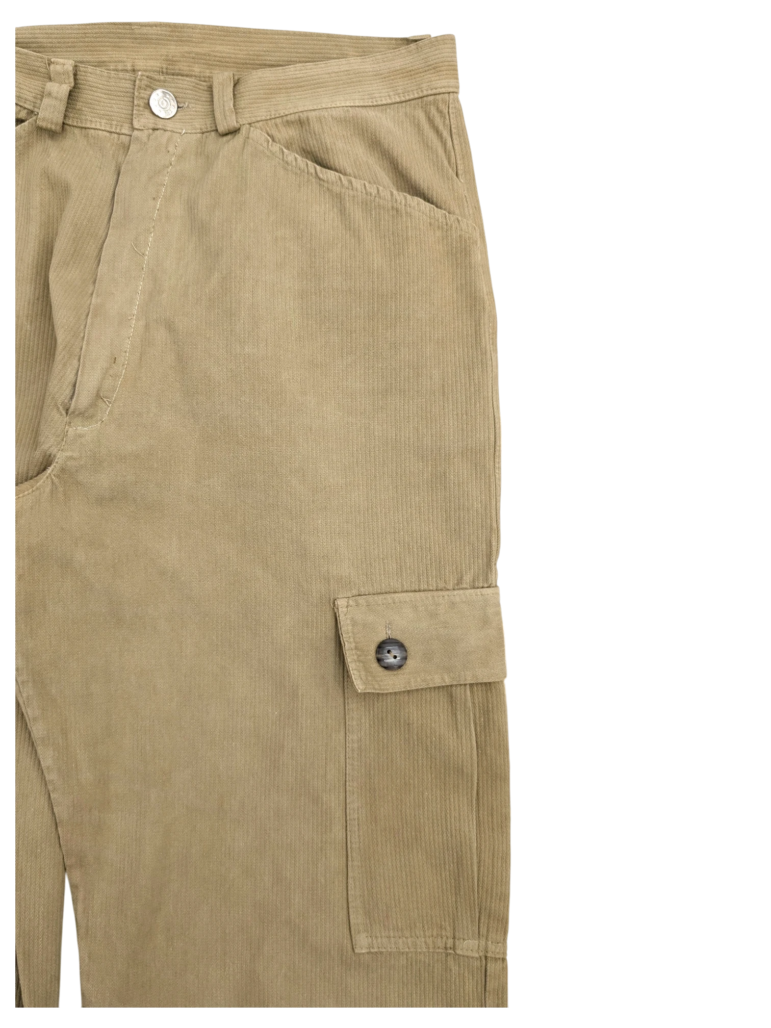 JAKE & IPI tan corduroy cargo pants with button closure and side pocket.