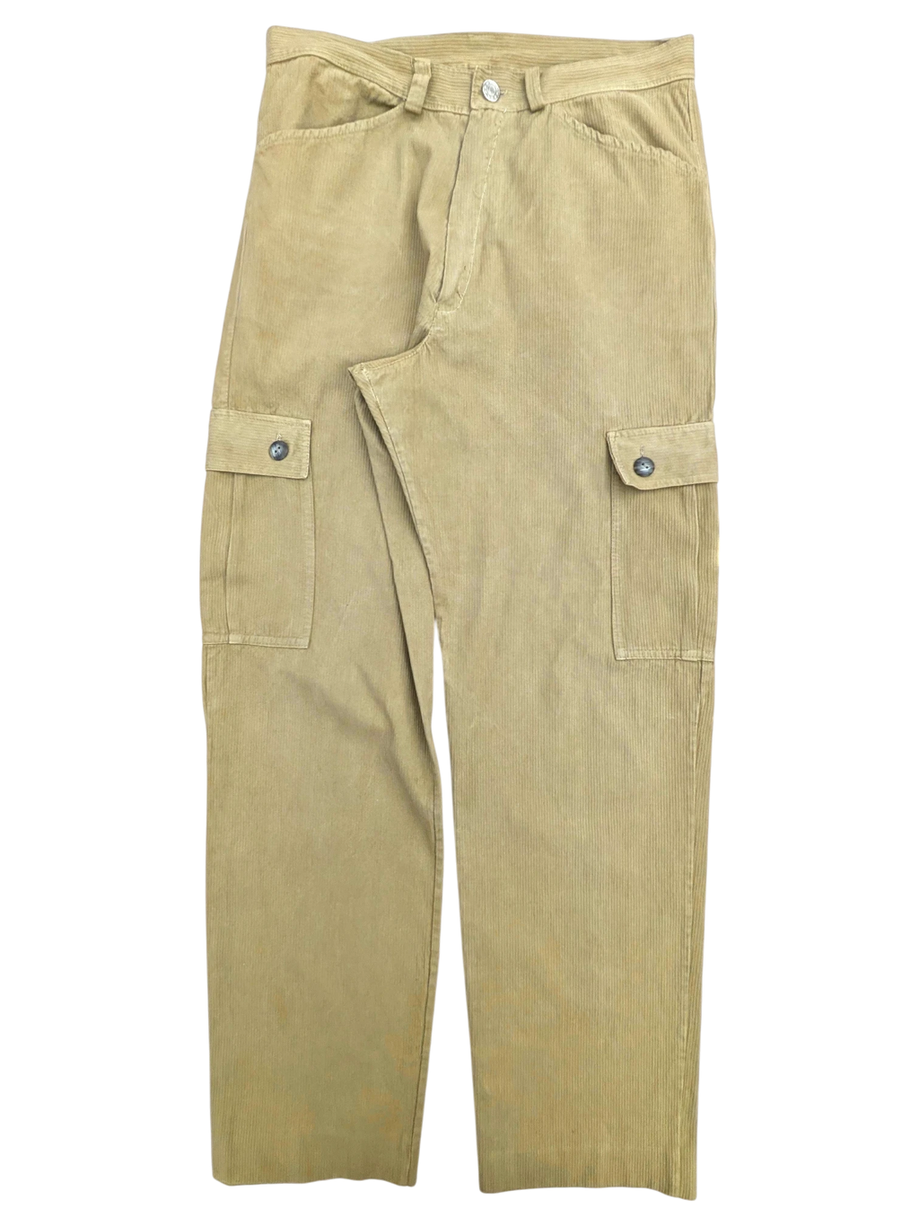 JAKE & IPI tan corduroy cargo pants with button flap pockets and straight leg fit.