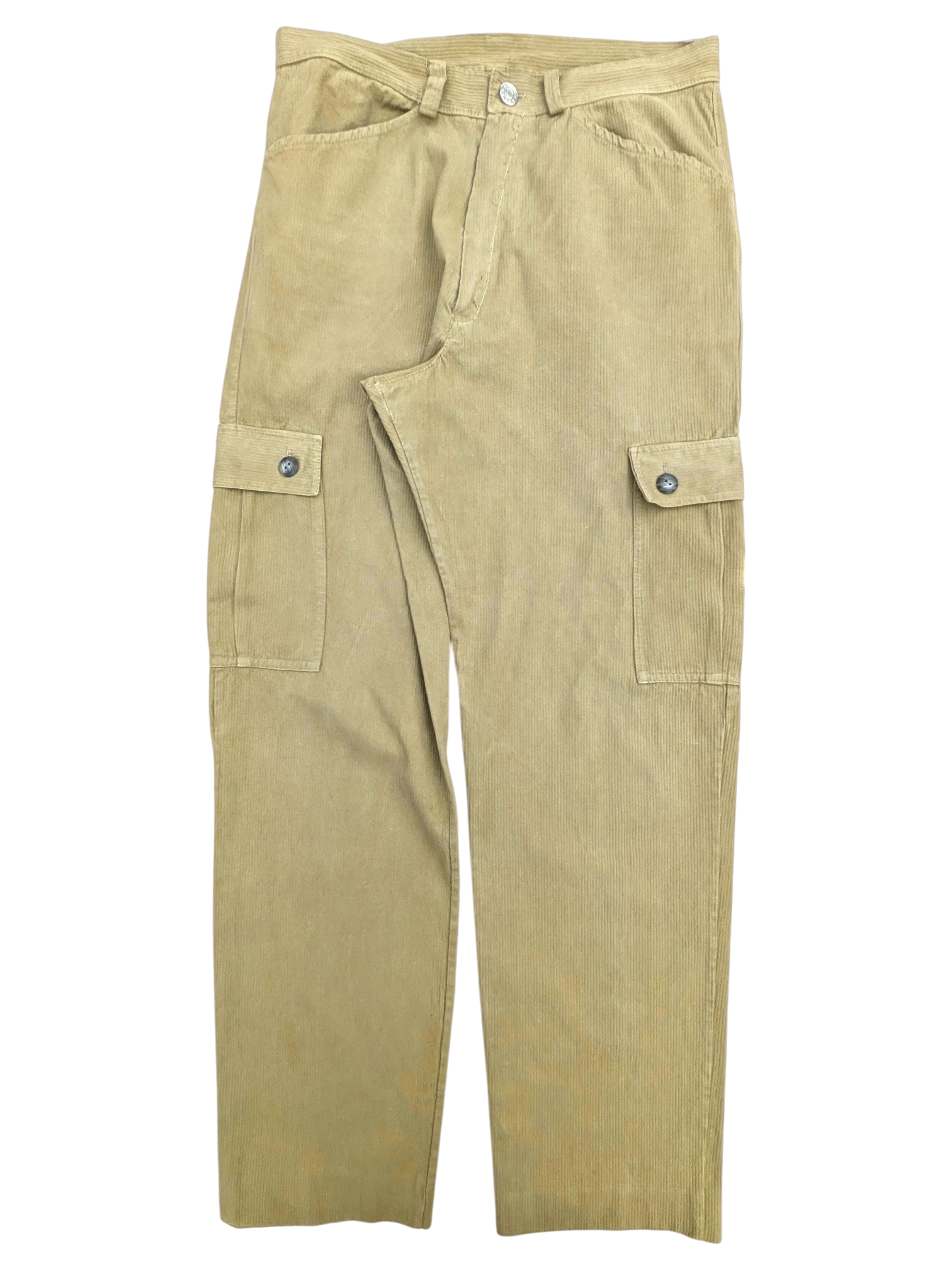 JAKE & IPI tan corduroy cargo pants with button flap pockets and straight leg fit.