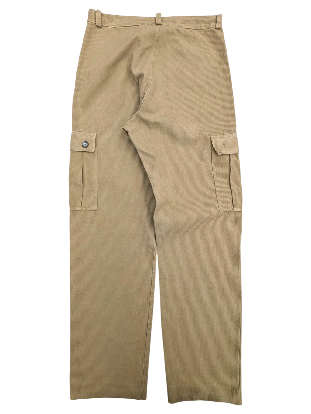 JAKE & IPI tan corduroy cargo pants with button flap pockets and wide leg.