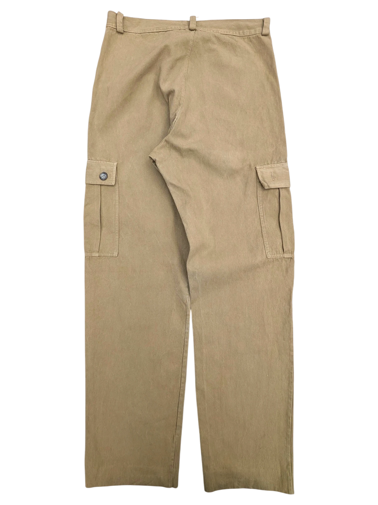 JAKE & IPI tan corduroy cargo pants with button flap pockets and wide leg.