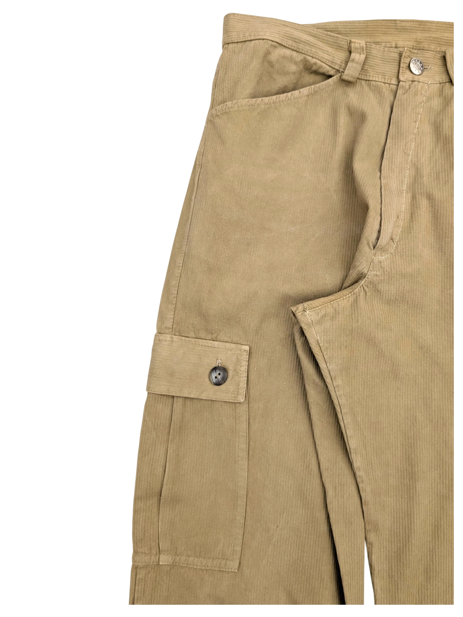 JAKE & IPI tan corduroy cargo pants with button flap pocket and side pockets.
