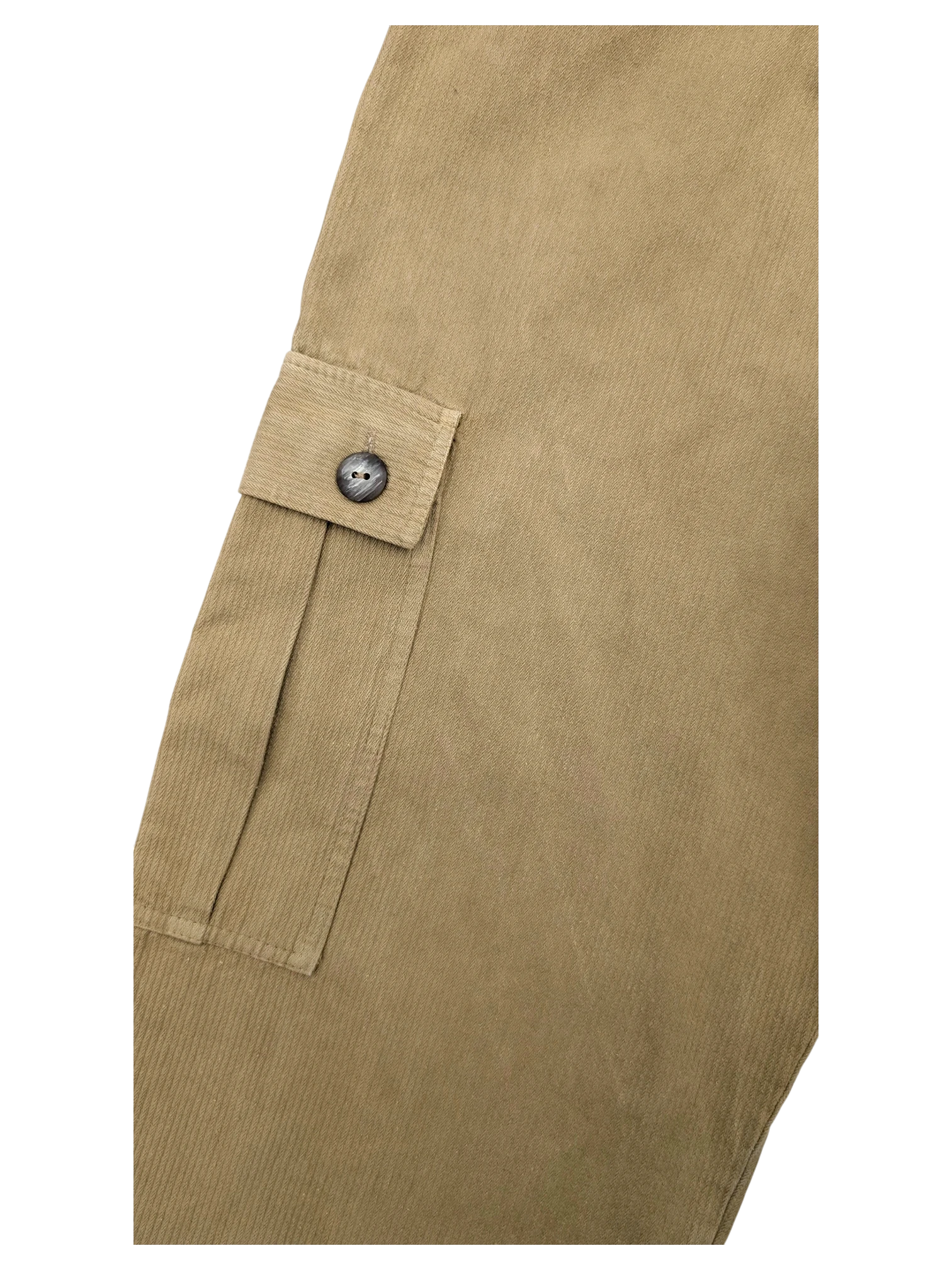 JAKE & IPI tan corduroy cargo pants with a button closure on the flap pocket.