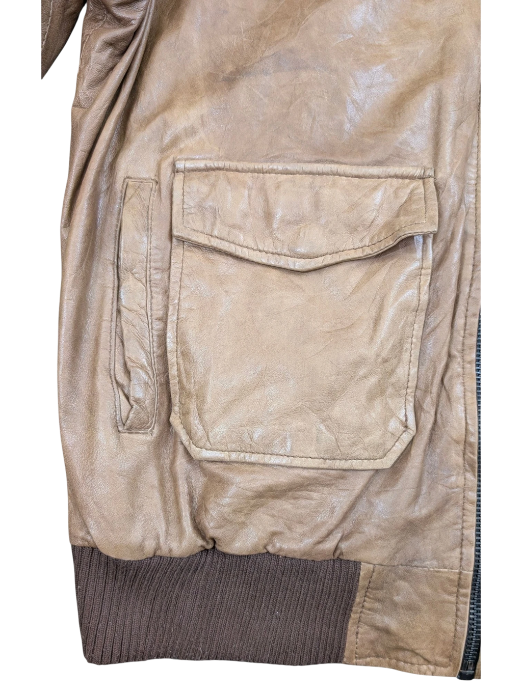JAKE & IPI tan leather bomber jacket with ribbed brown cuffs and flap pocket detail.