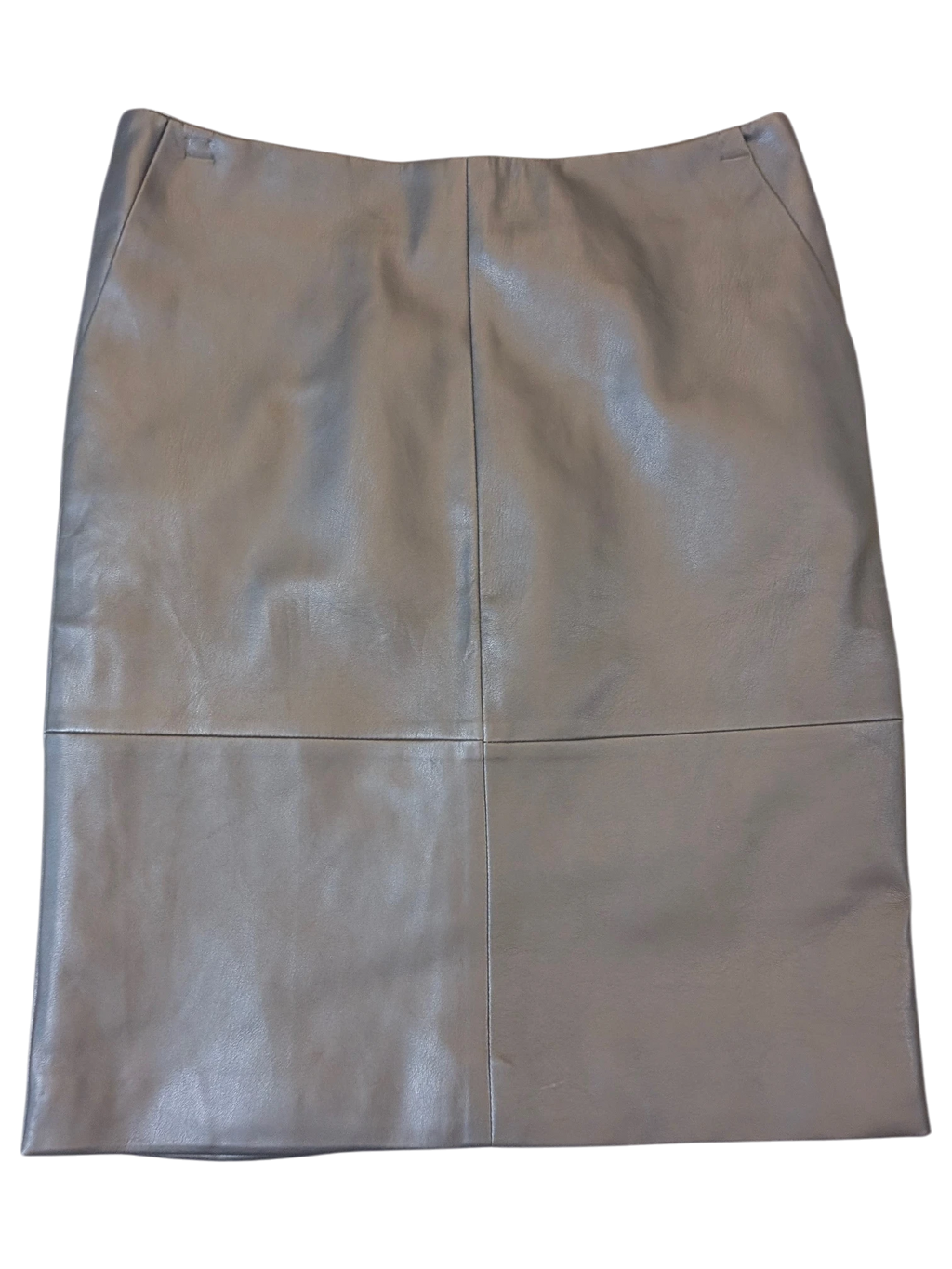 Gray & Willow faux leather pencil skirt in taupe with a clean, paneled design from JAKE & IPI.