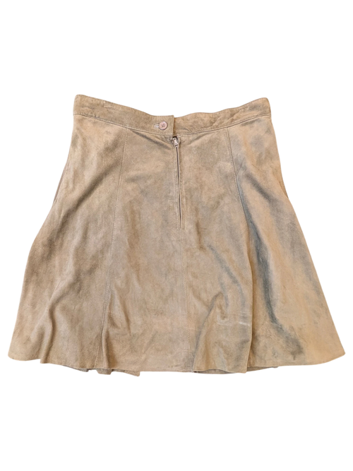 JAKE & IPI Apart Fashion suede mini skirt in a neutral taupe color with a back zipper and button closure.