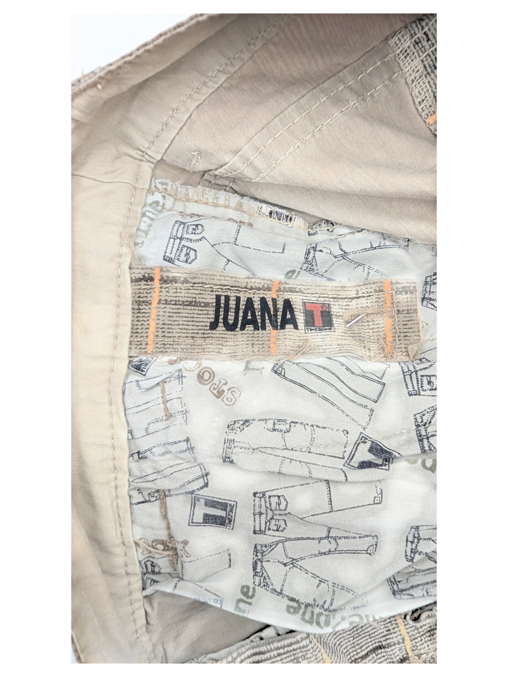 JAKE & IPI Timezone Cargo Pants 27 in beige cotton blend with printed pocket lining.
