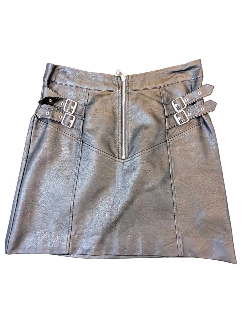 TOPSHOP black faux leather mini skirt with silver buckles and front zip closure from JAKE & IPI
