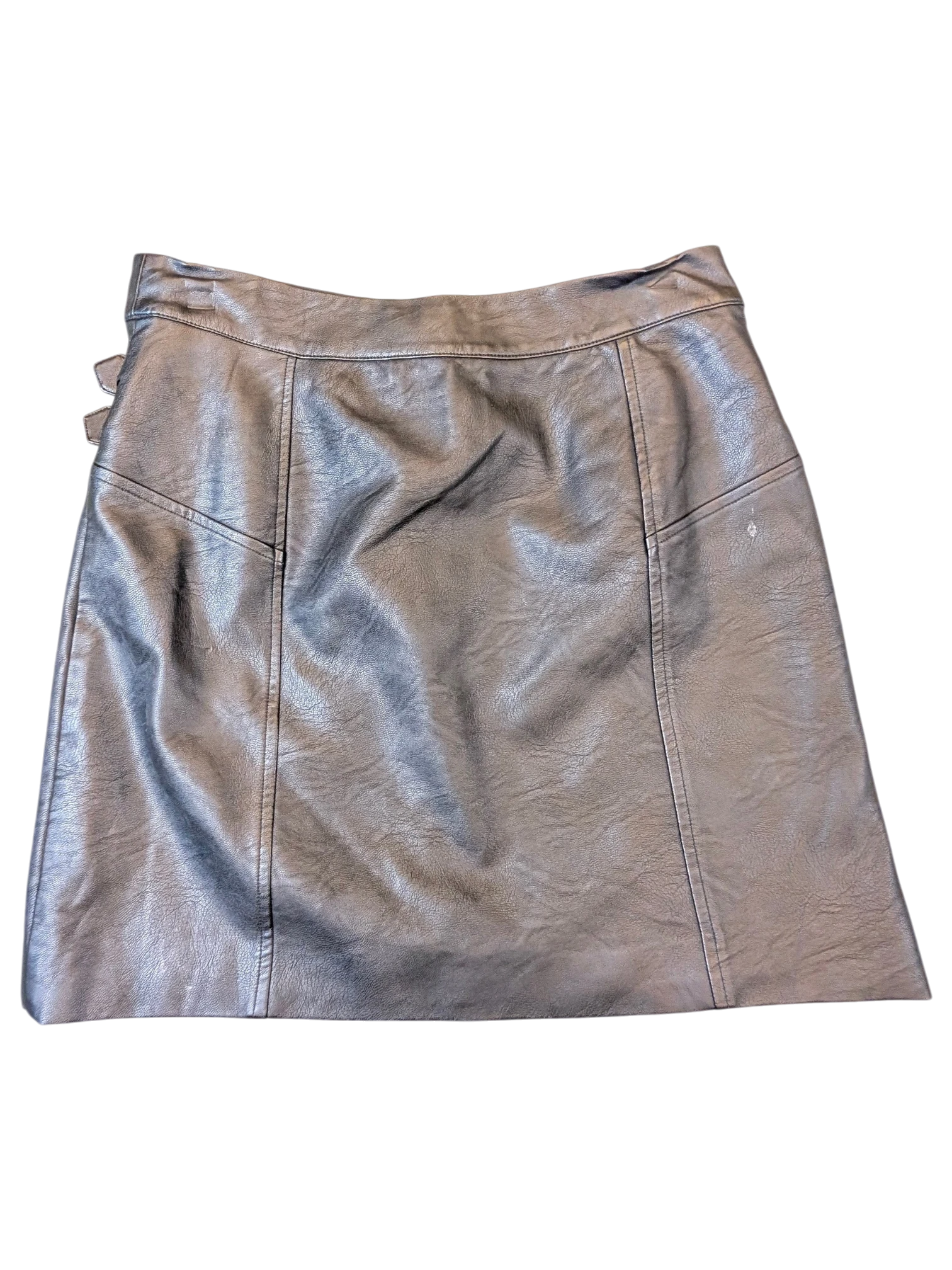 TOPSHOP black faux leather mini skirt with side buckle detail from JAKE & IPI, featuring a structured panel design.