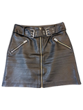 JAKE & IPI Topshop black faux leather mini skirt with a belted waist, silver zip front, and zippered side pockets.