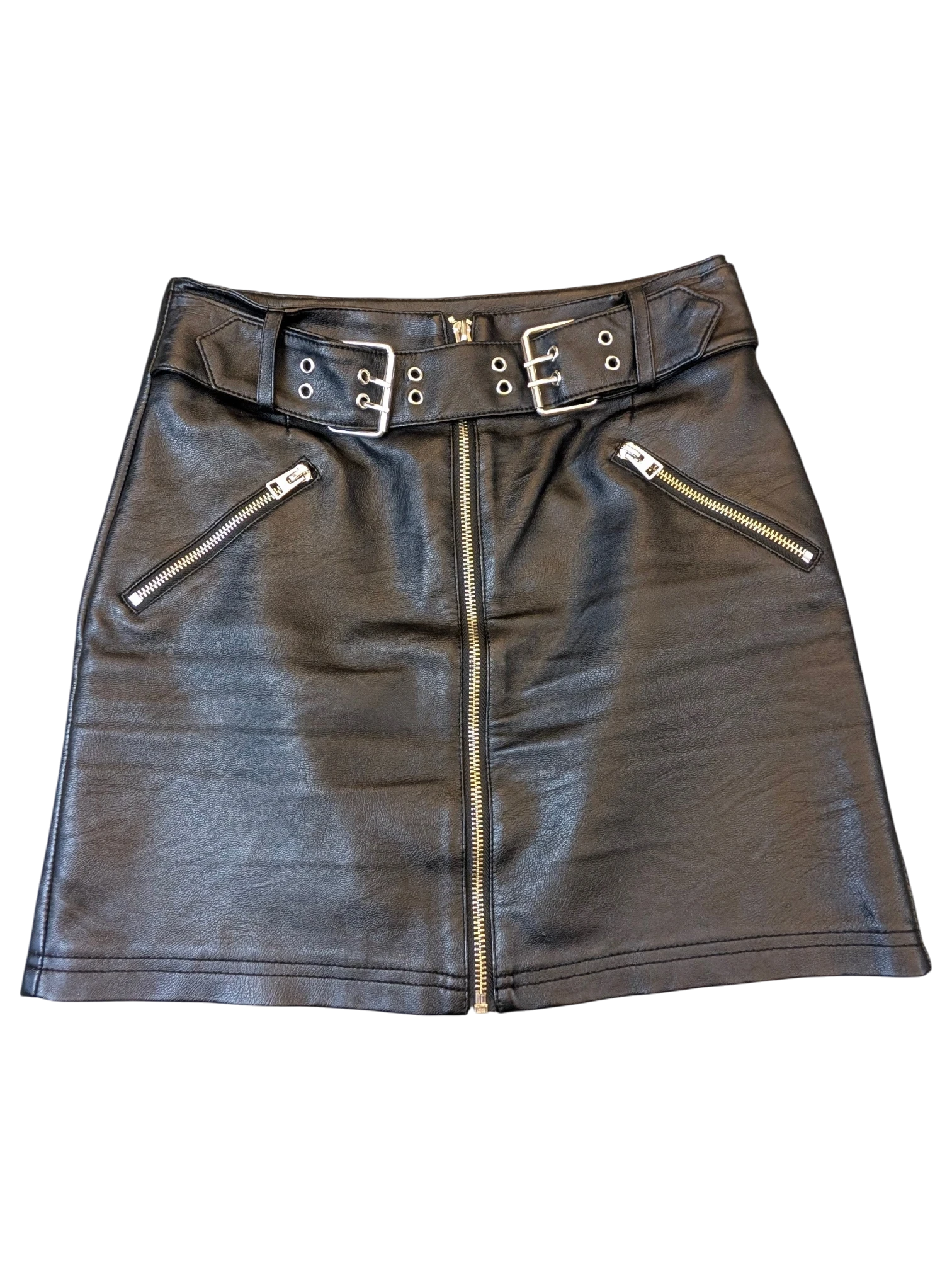 JAKE & IPI Topshop black faux leather mini skirt with a belted waist, silver zip front, and zippered side pockets.